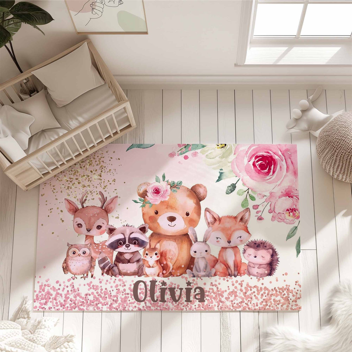 Floral Woodland Animals Playroom Rug