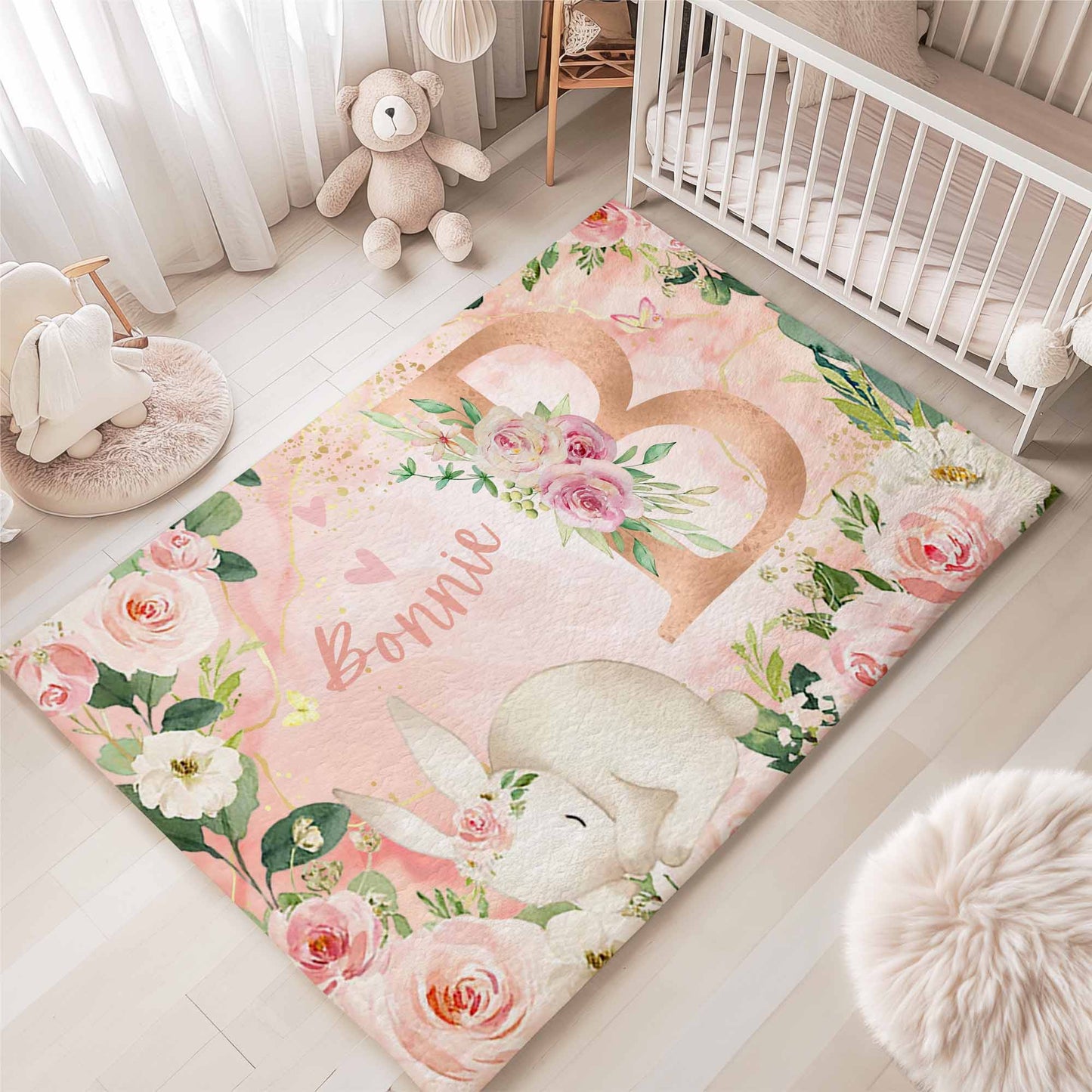 Rose Floral Bunny Nursery Rug