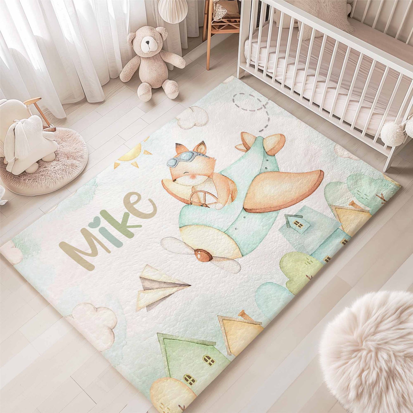 Fox Flying Plane Nursery Rug