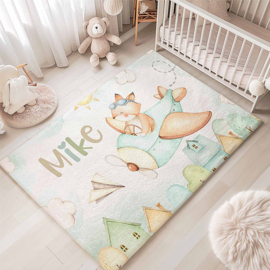 Fox Flying Plane Nursery Rug