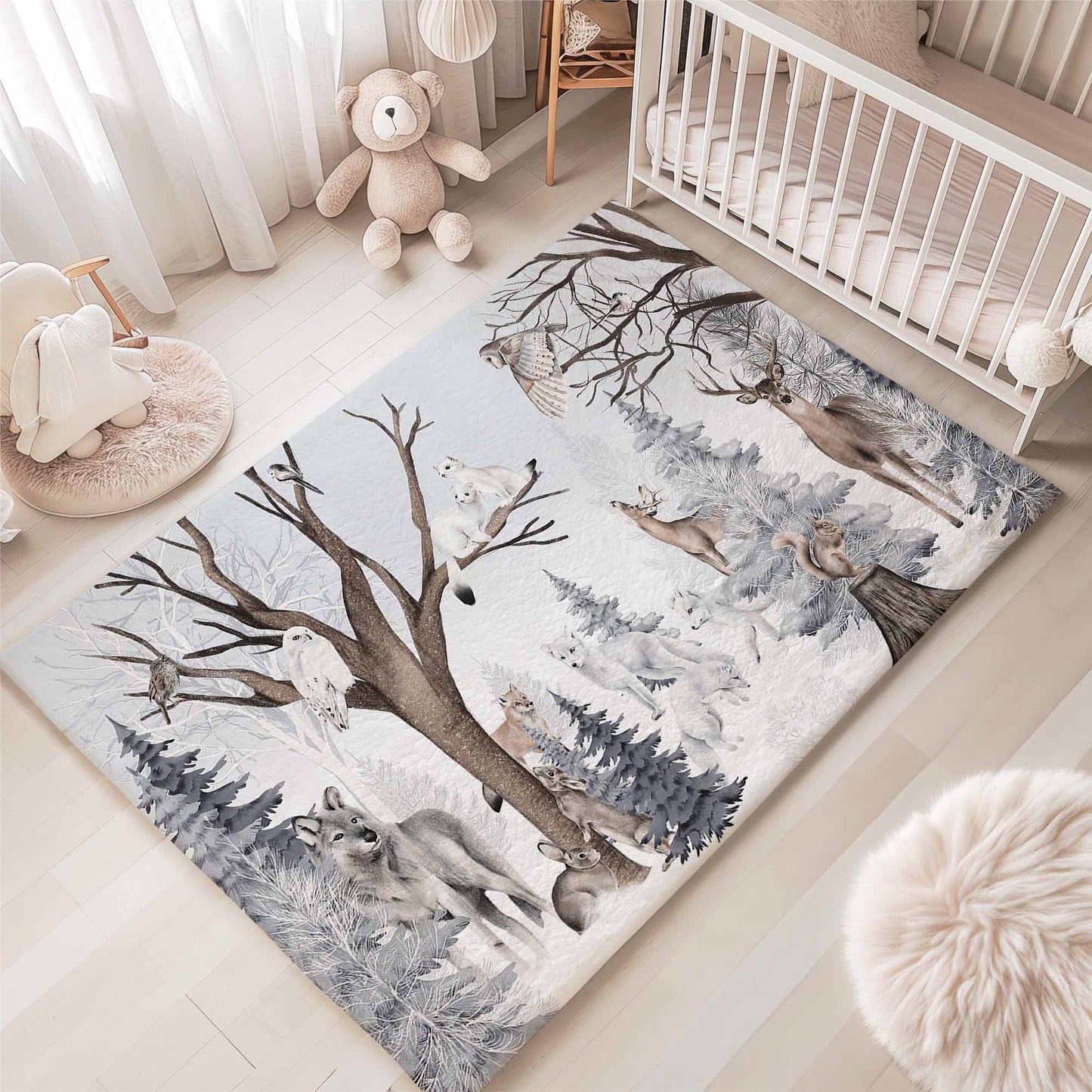 Winter Woodland Animals Nursery Rug