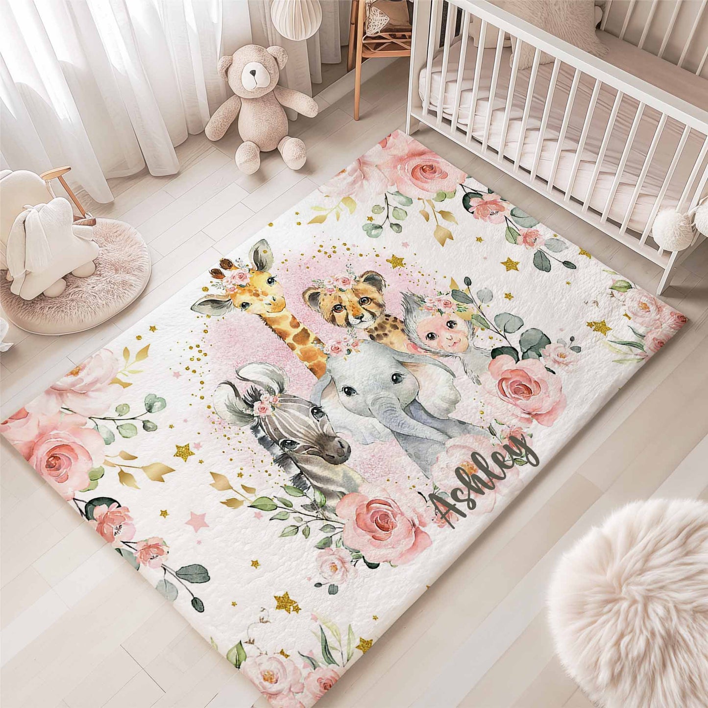 Safari Animals Rose Floral Rug