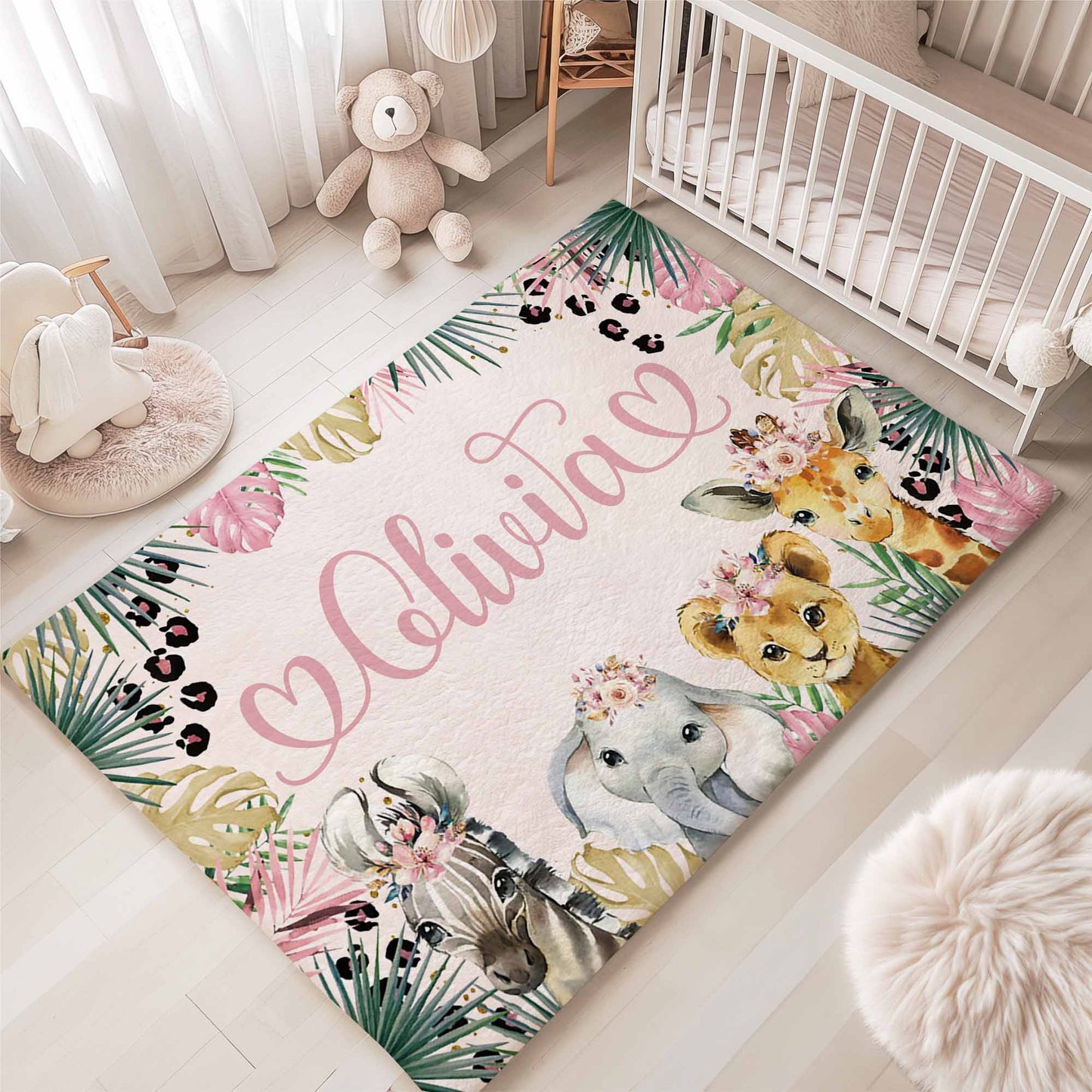 Safari Animals Floral Nursery Rug