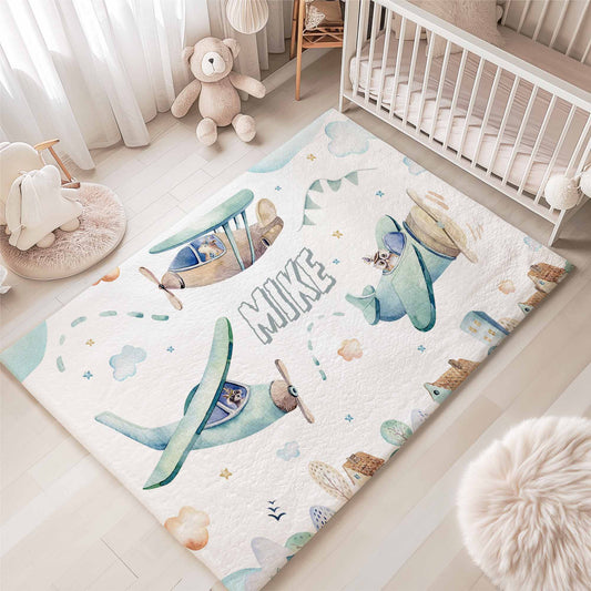 Animals On Plane Nursery Rug