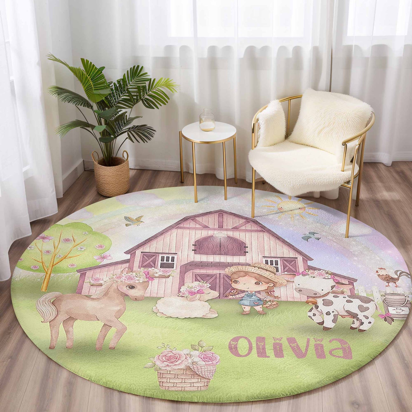 Farm Animals Girl Round Rug