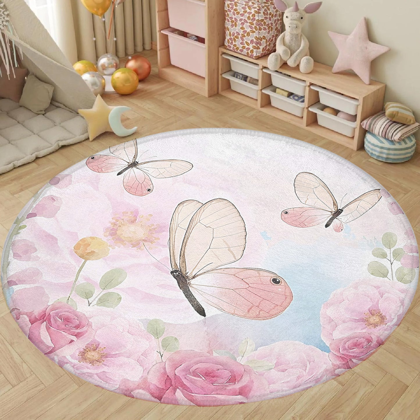 Spring Floral Butterfly Round Rug
