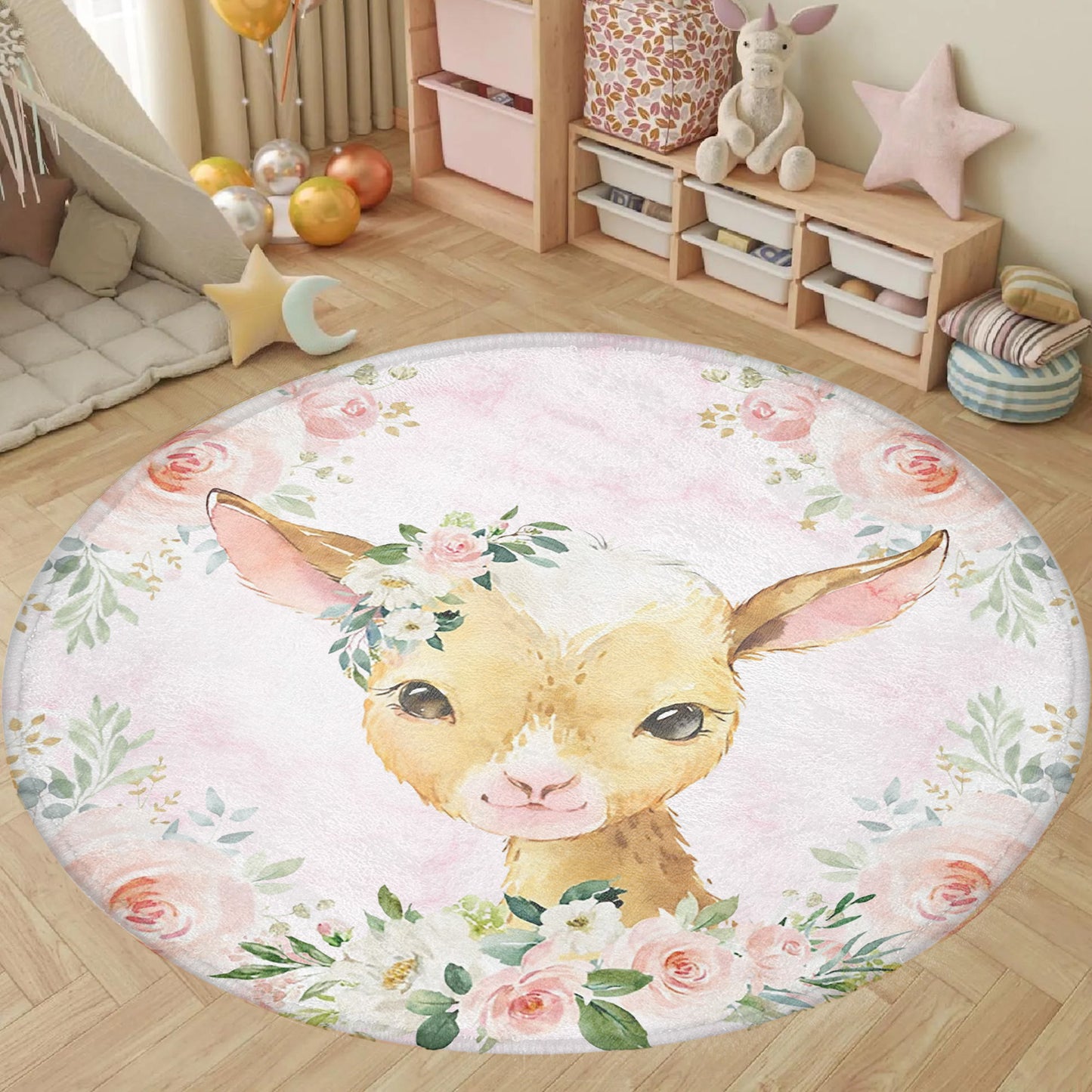 Baby Goat Rose Floral Round Rug