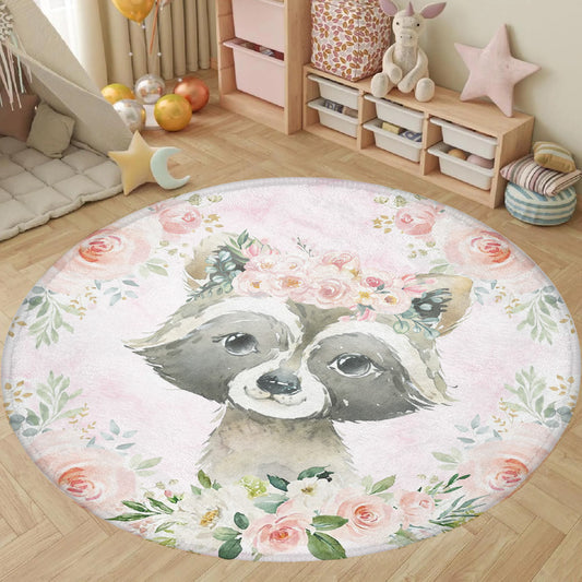 Baby Raccoon Rose Floral Round Rug
