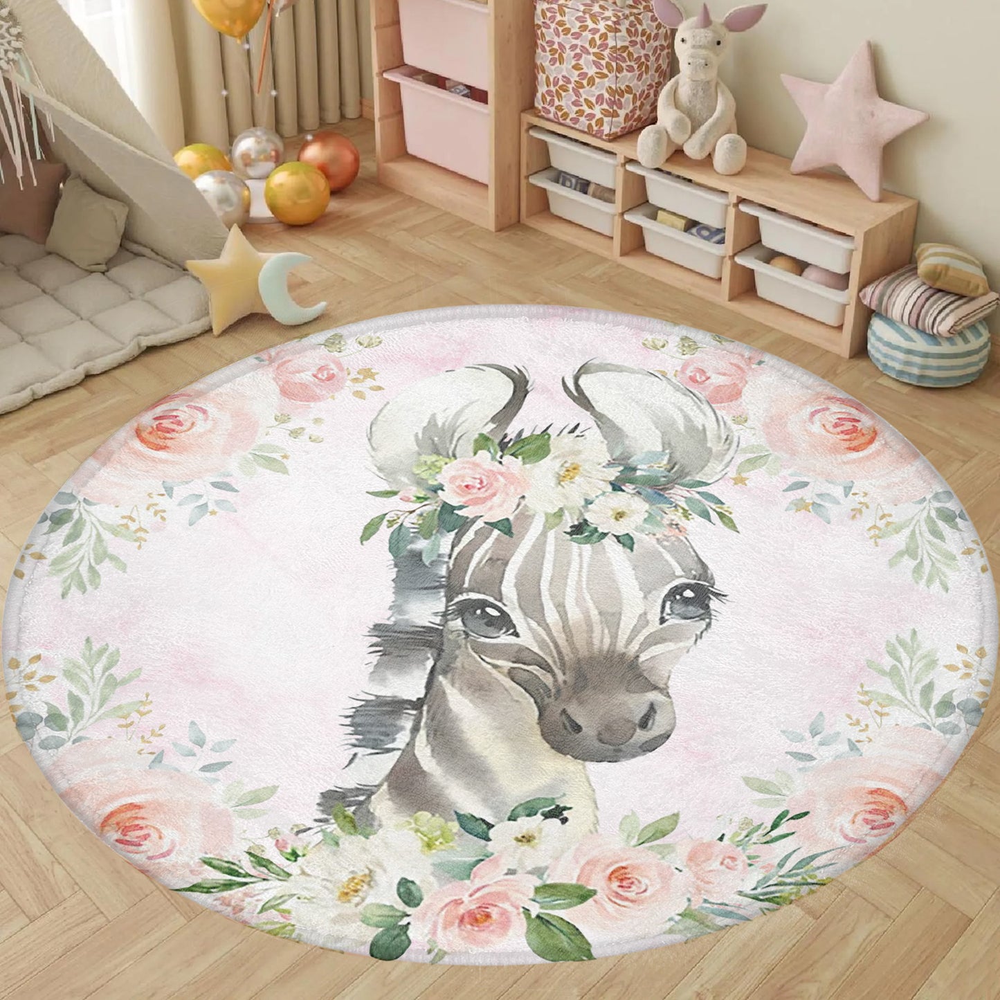 Baby Zebra Rose Floral Round Rug
