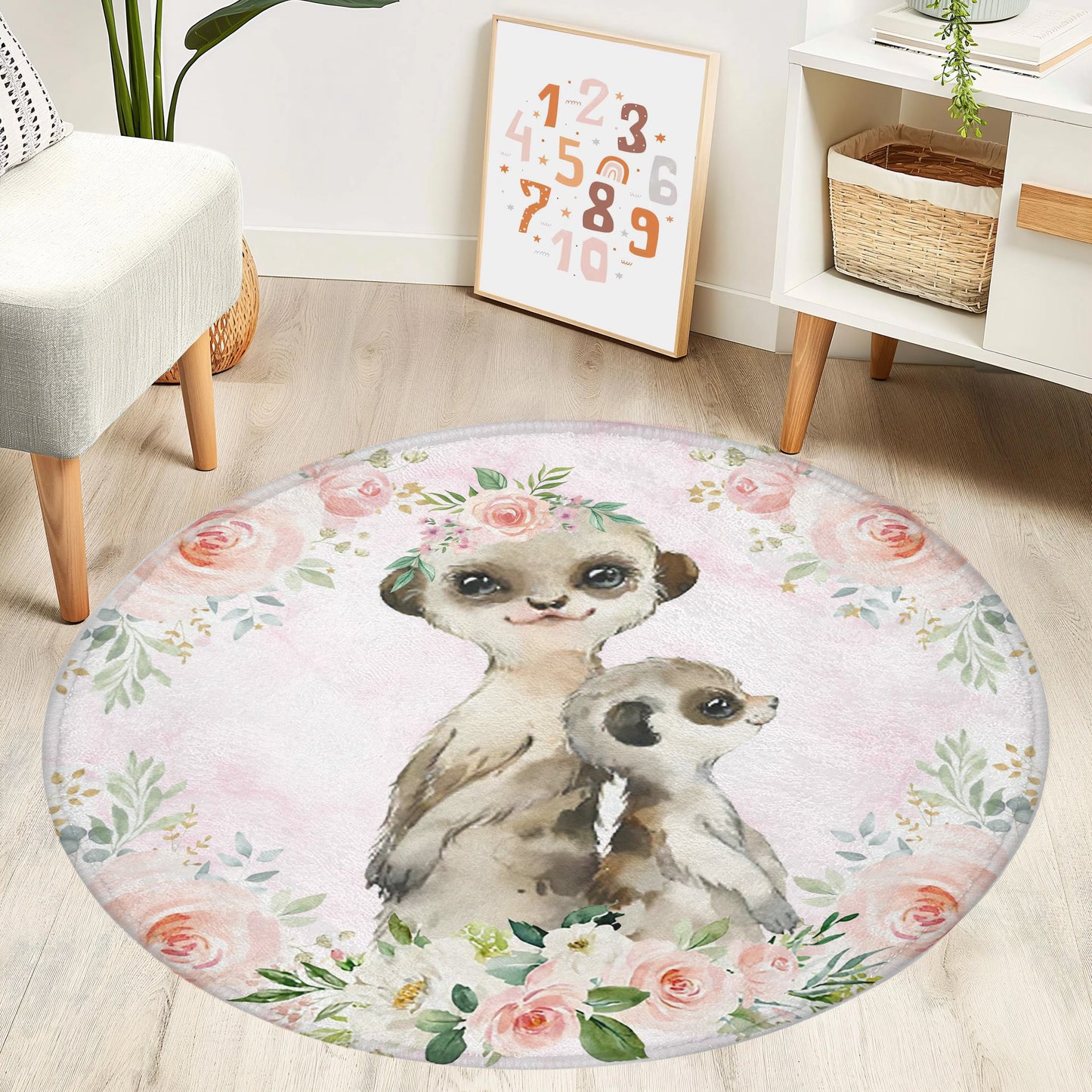 Mom And Baby Meerkat Rose Floral Round Rug