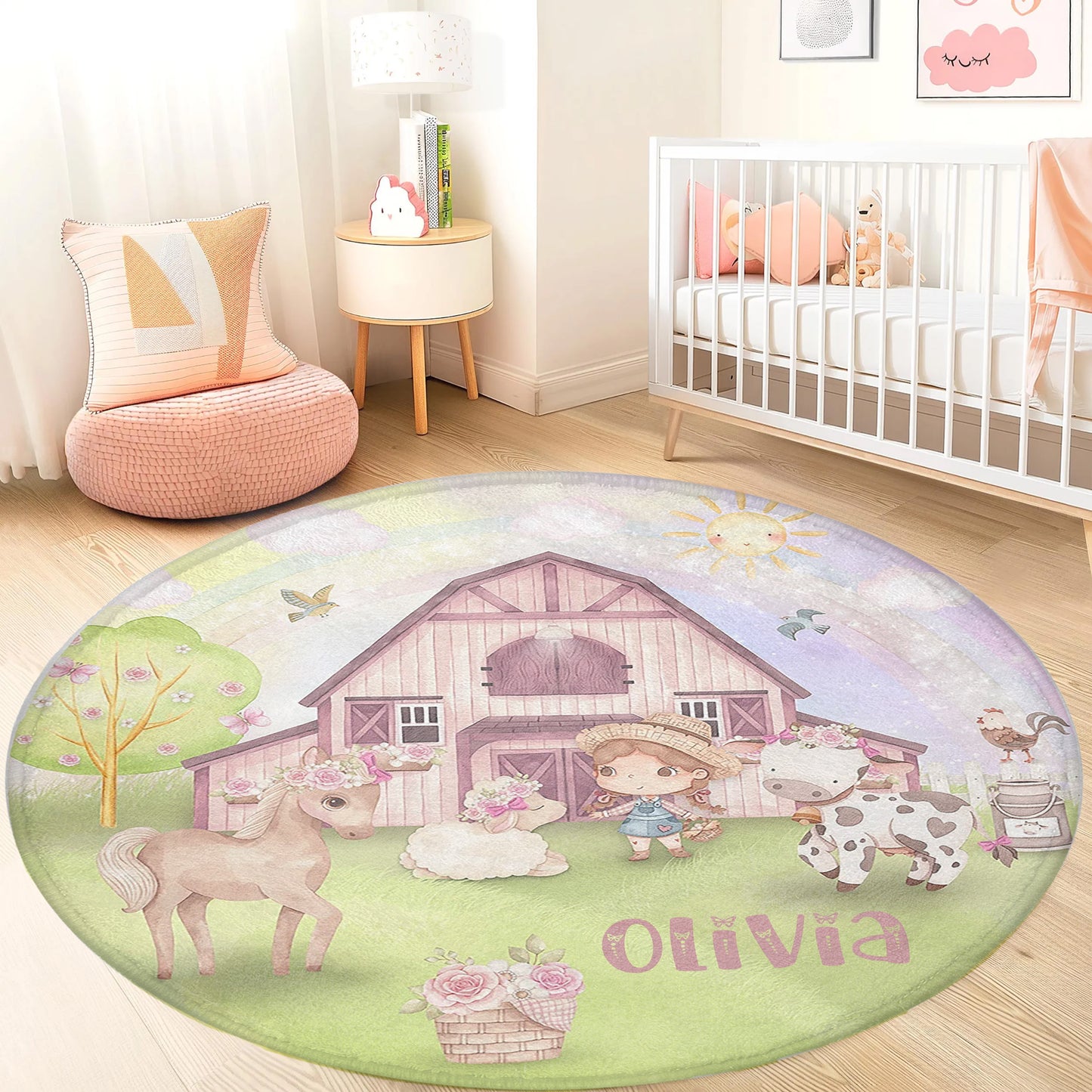 Farm Animals Girl Round Rug