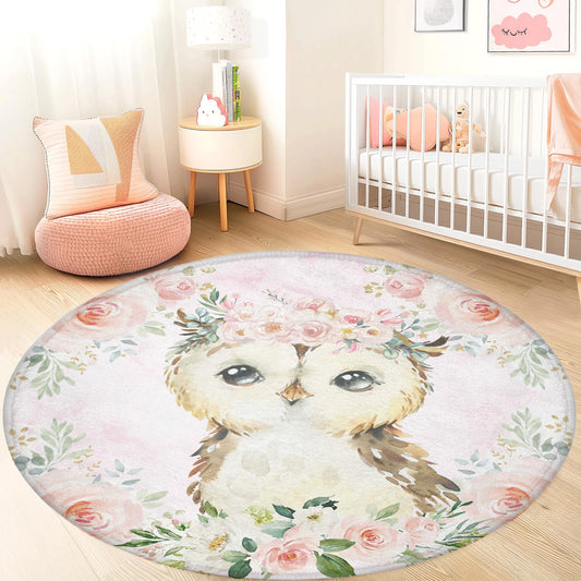 Baby Owl Rose Floral Round Rug