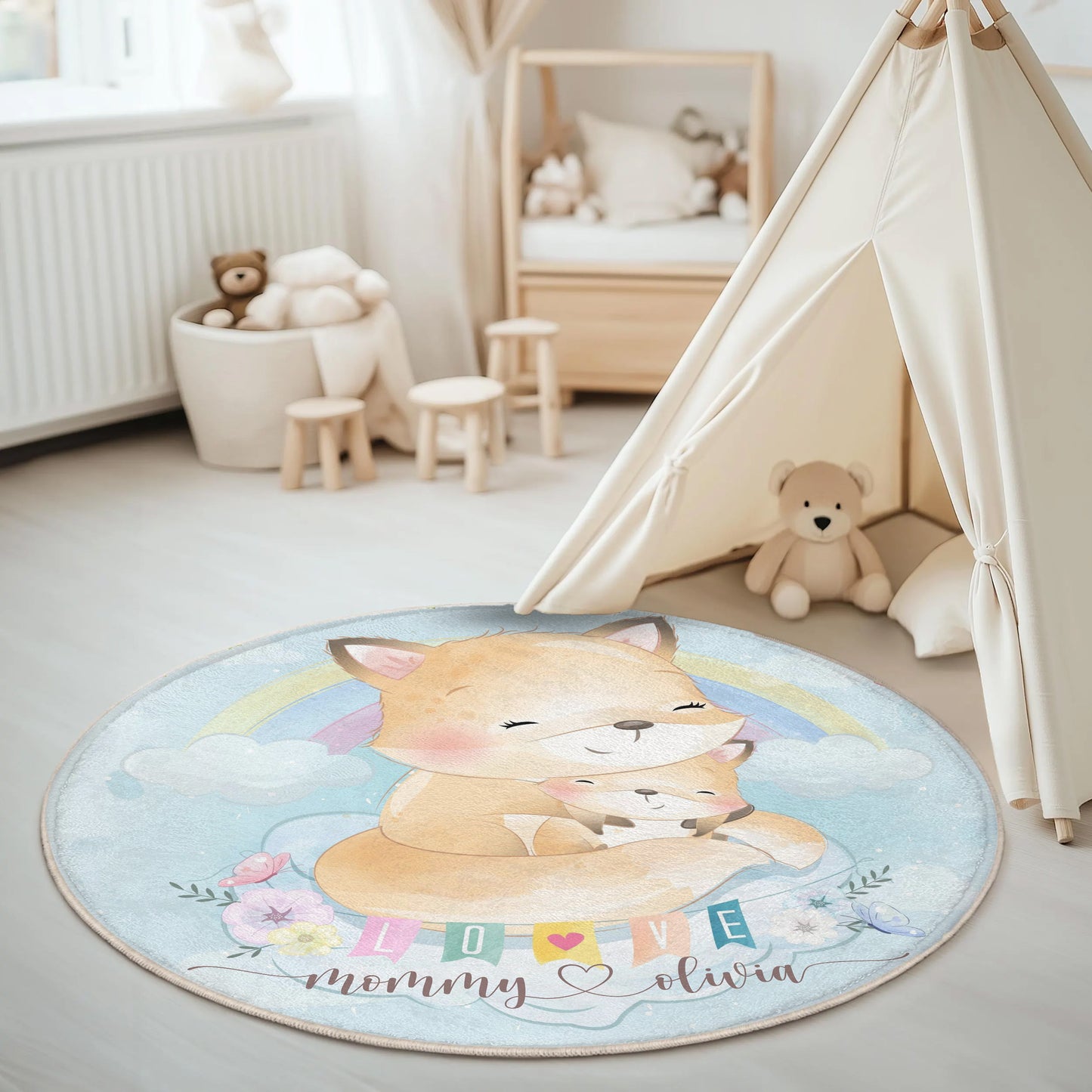 Mom And Baby Fox Round Rug