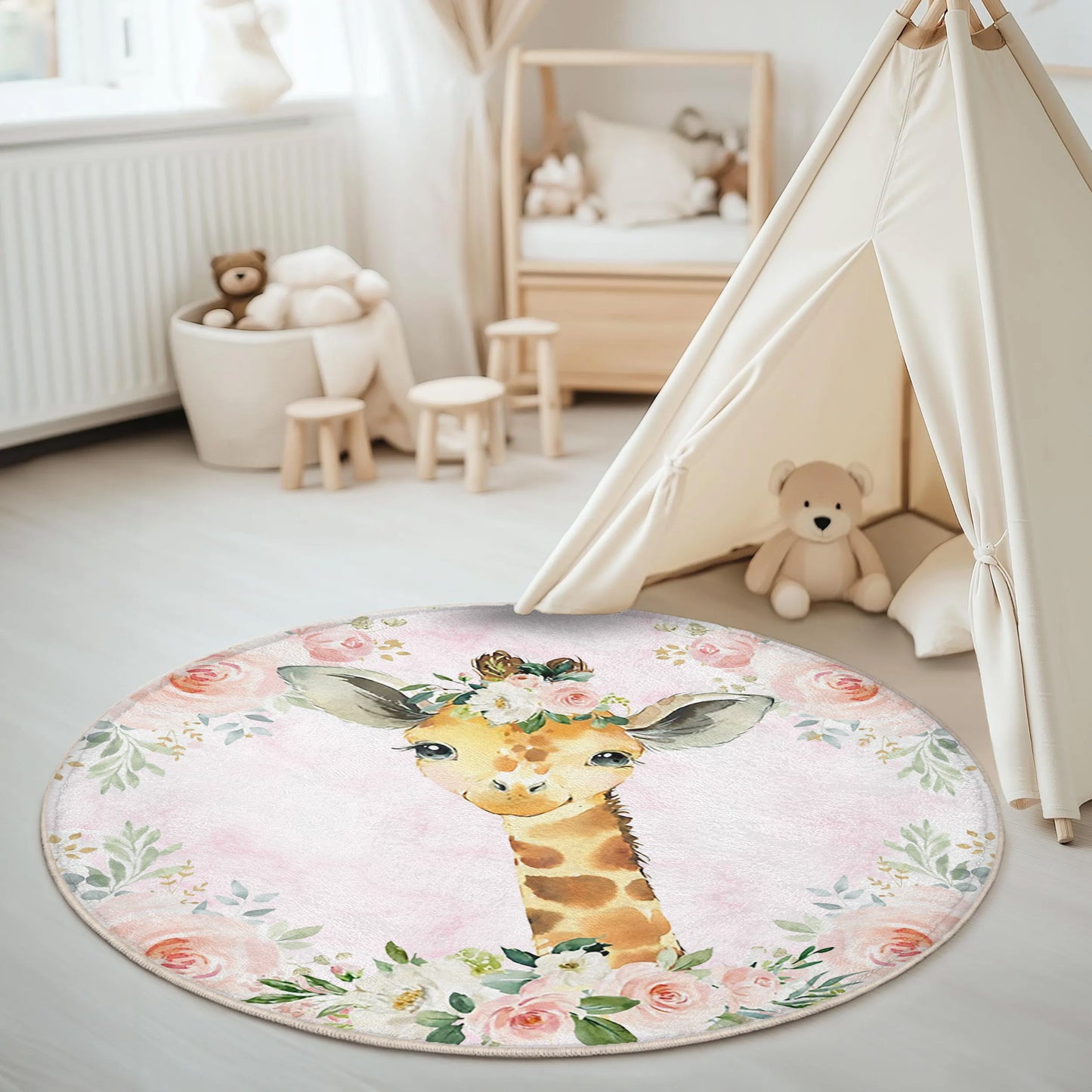 Baby Giraffe Rose Floral Round Rug