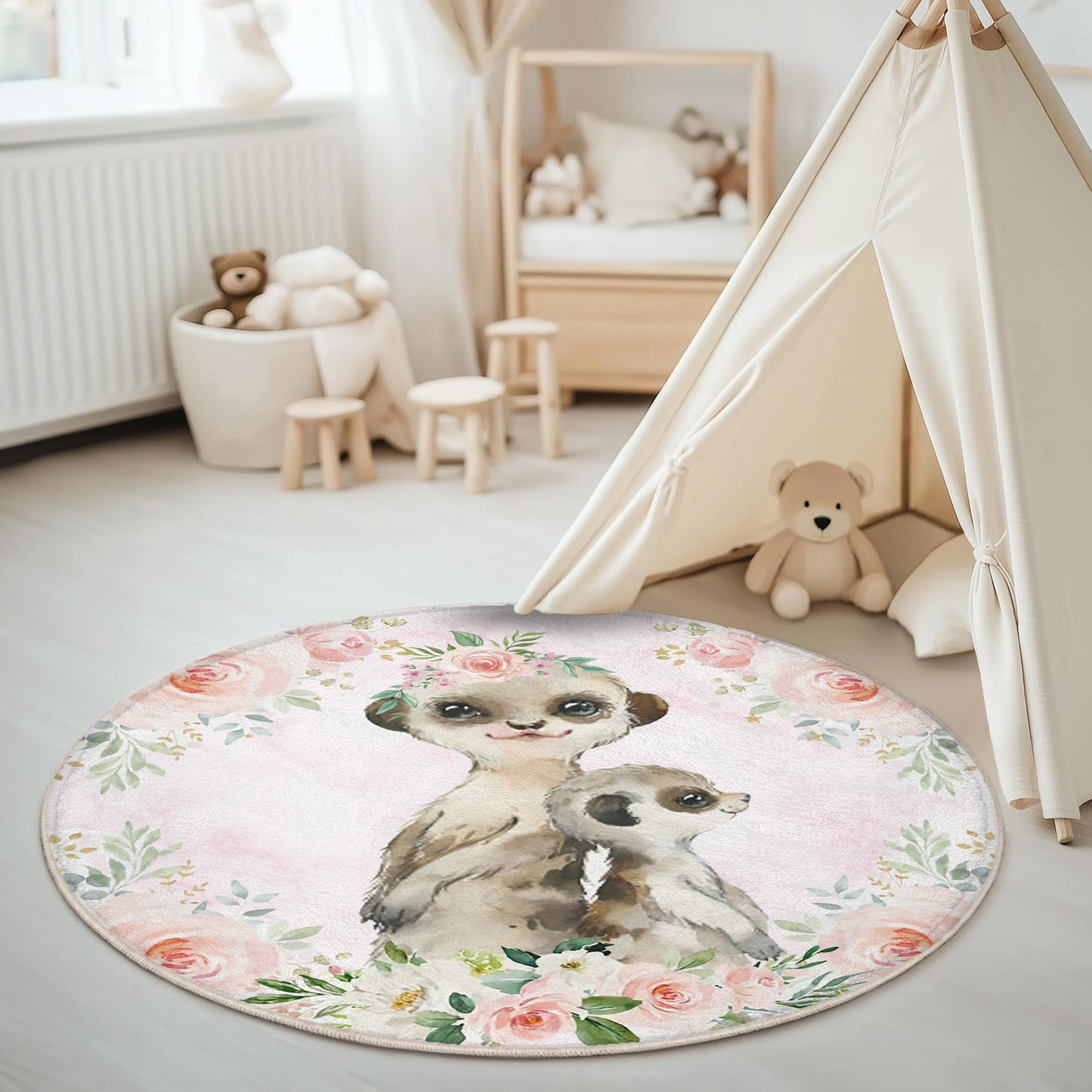 Mom And Baby Meerkat Rose Floral Round Rug