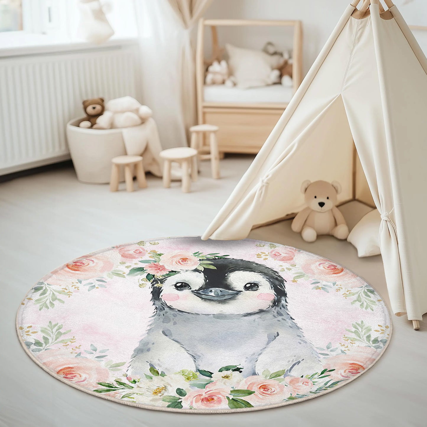 Baby Penguin Rose Floral Round Rug
