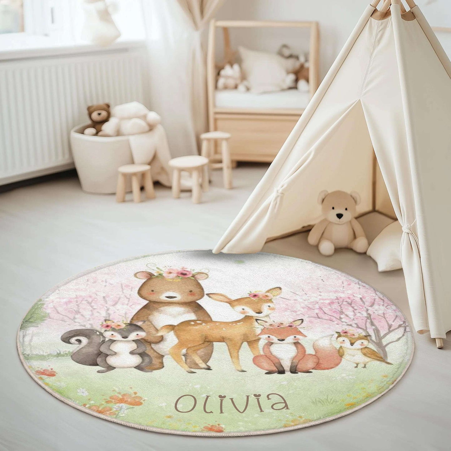 Woodland Animals Forest Round Rug