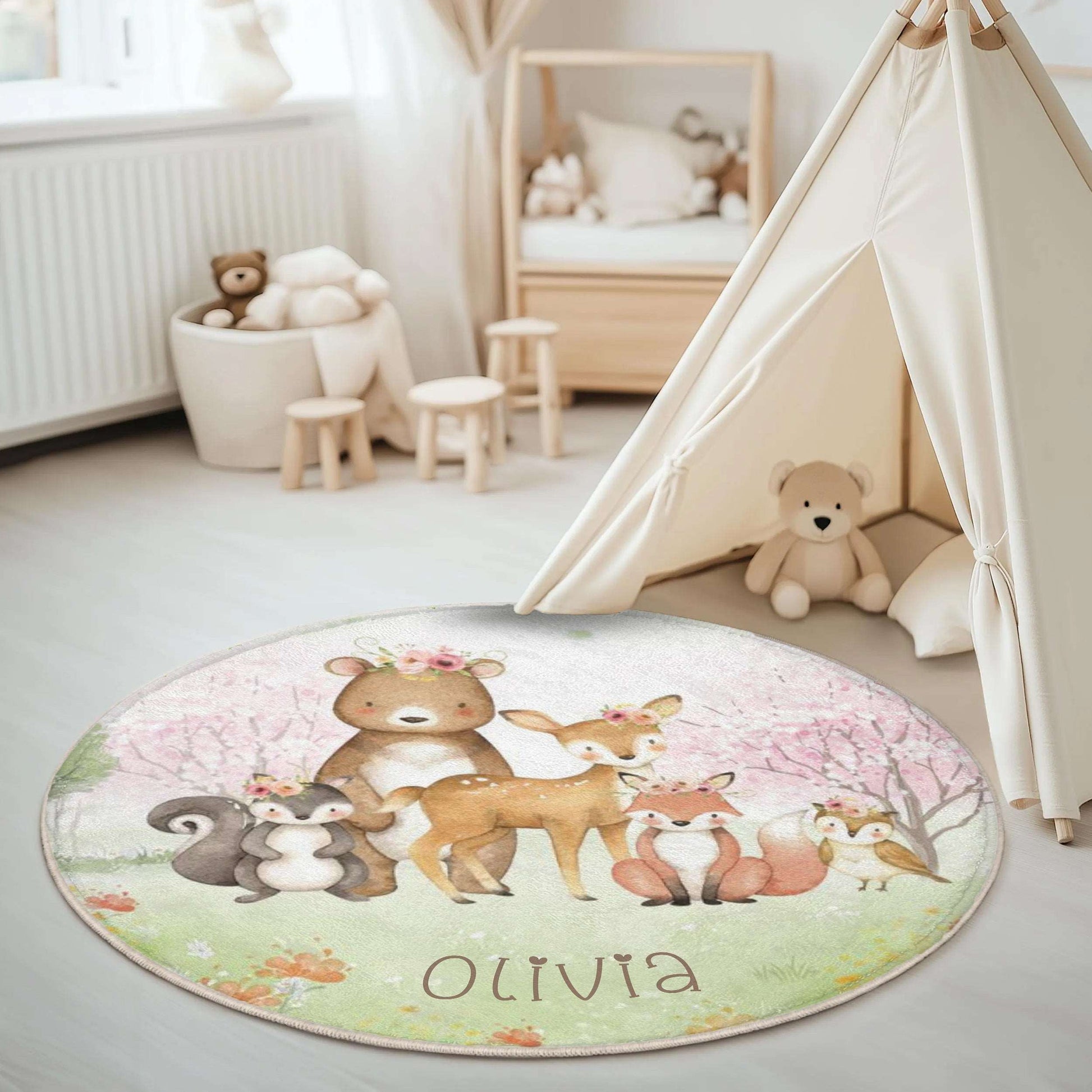 Woodland Animals Forest Round Rug