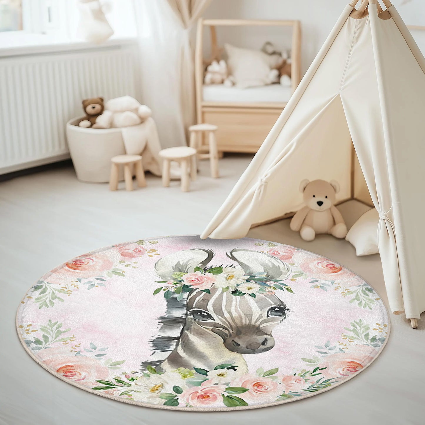 Baby Zebra Rose Floral Round Rug