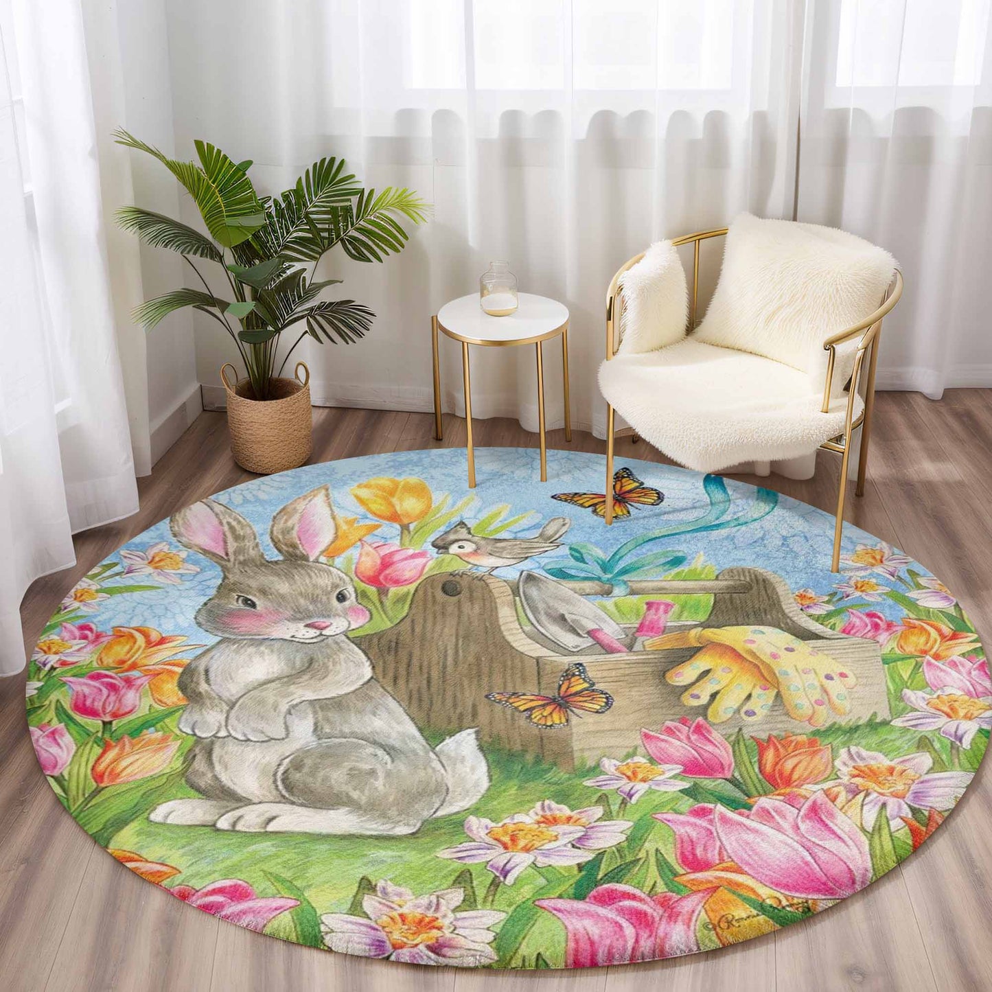 Spring Floral Bunny Round Rug