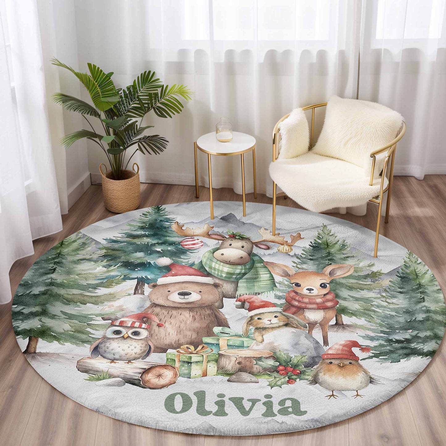 Christmas Woodland Animals Round Rug