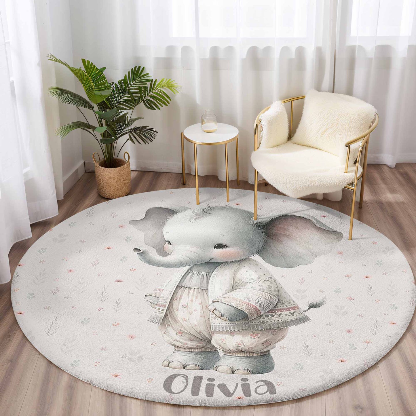 Spring Floral Elephant Round Rug