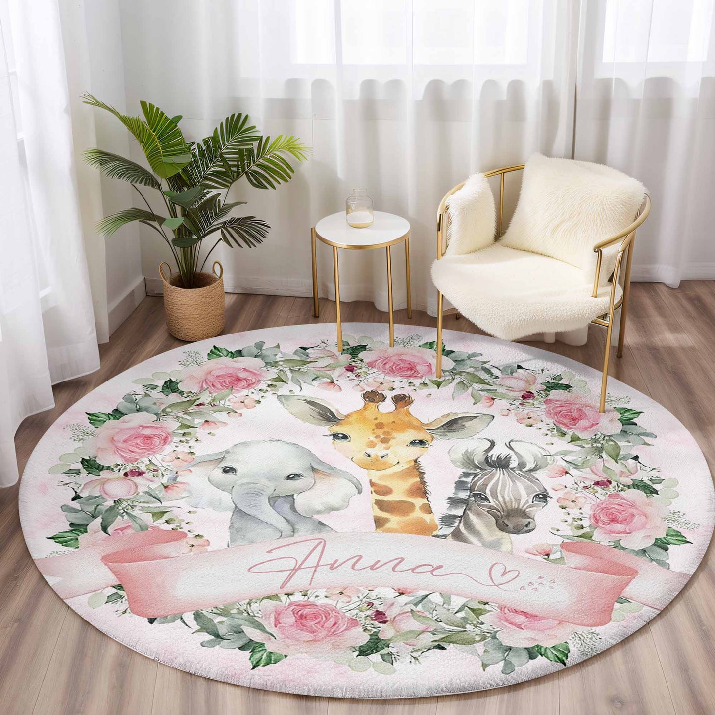 Safari Animals Rose Floral Round Rug