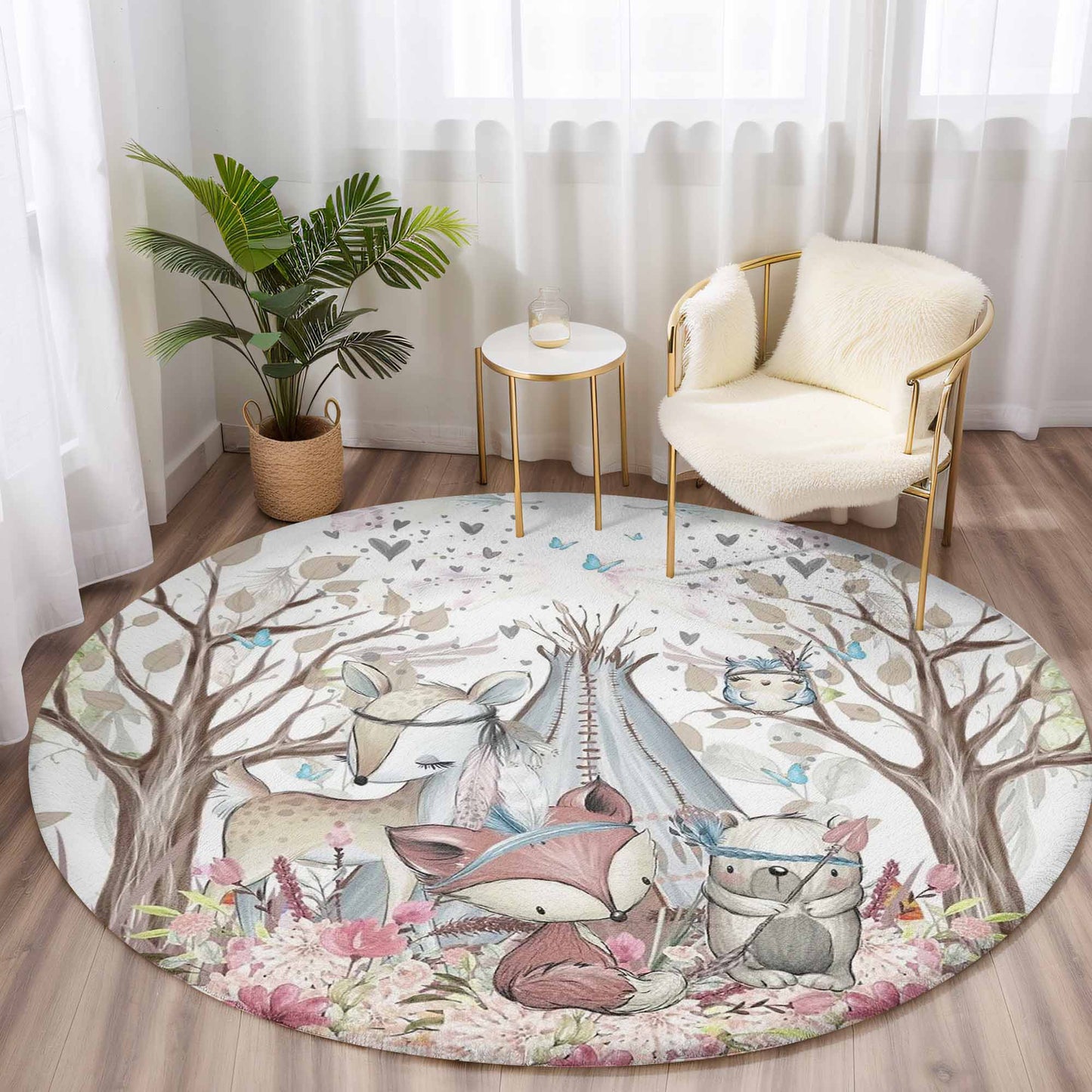 Boho Woodland Animals Round Rug