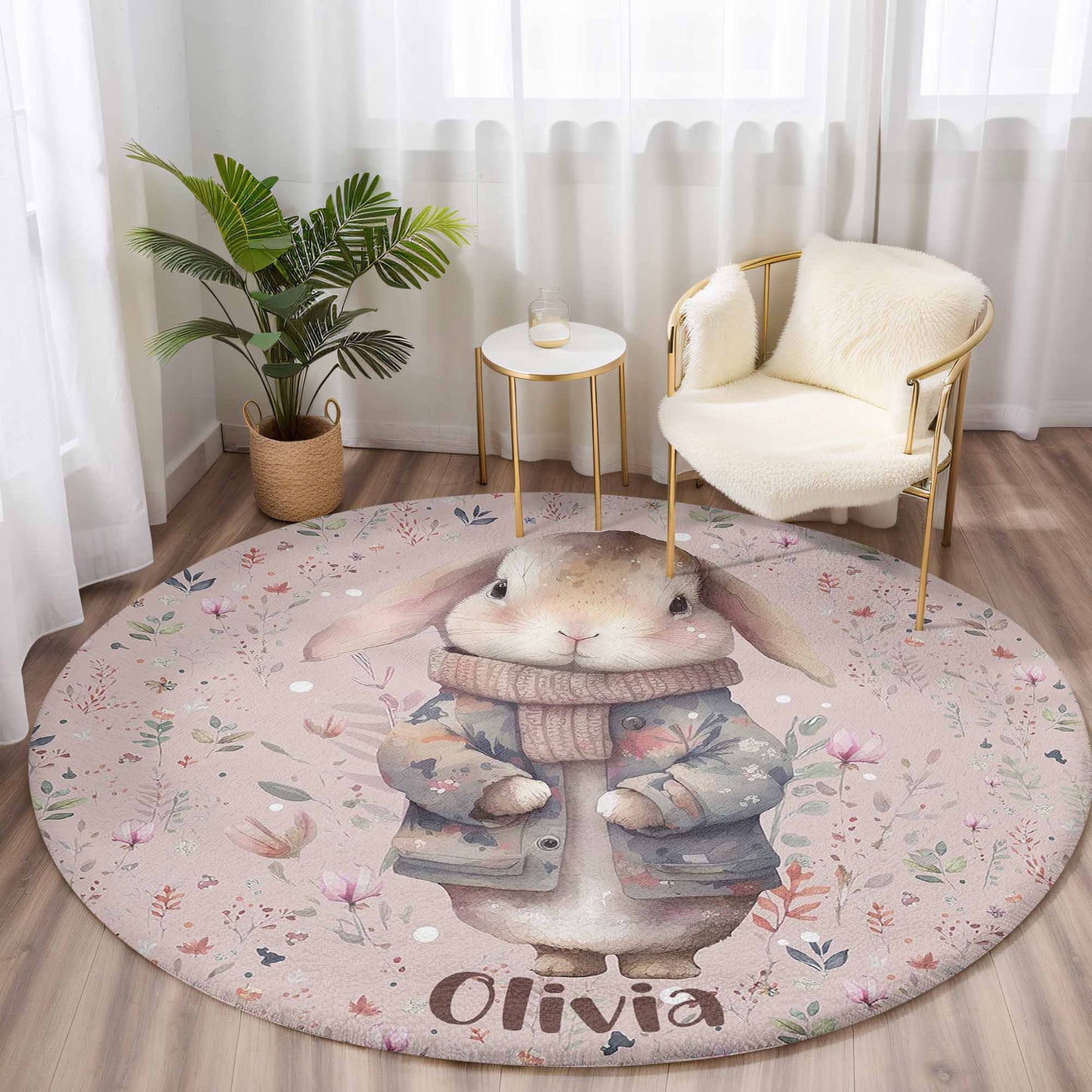 Floral Bunny Round Rug