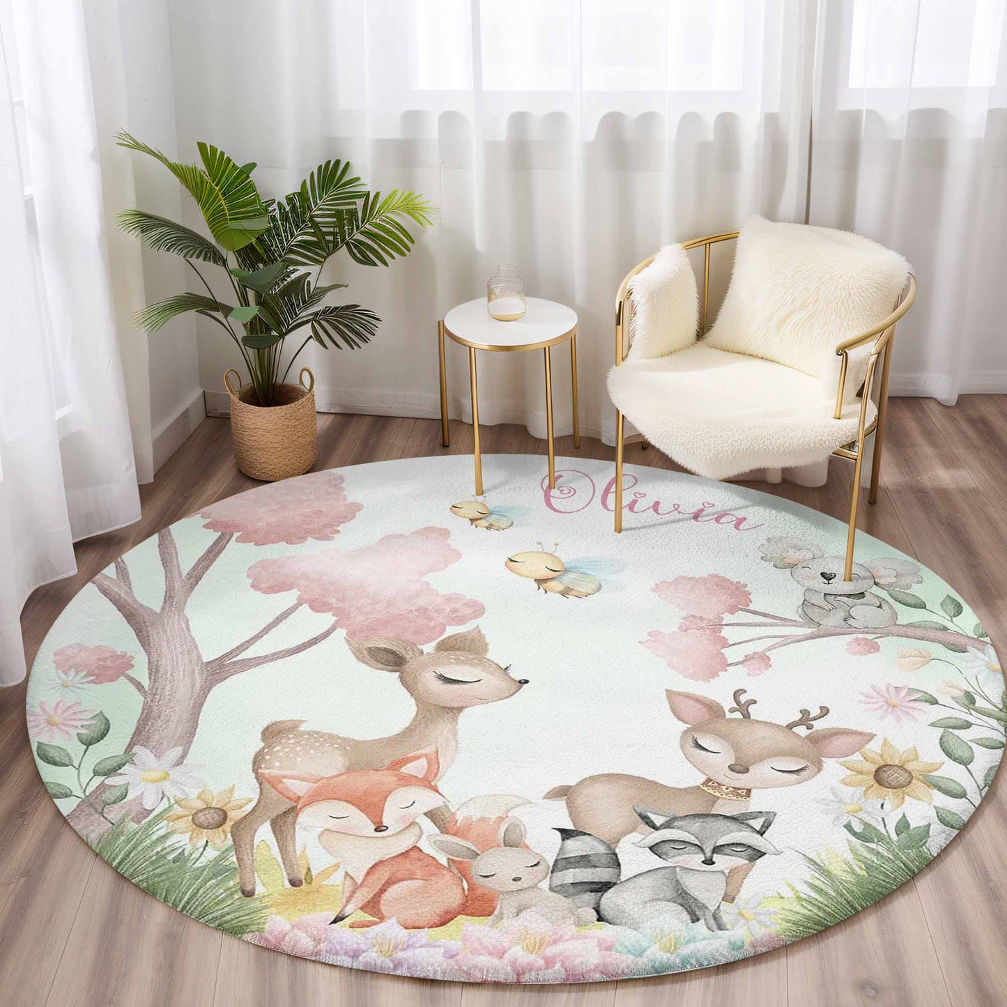 Woodland Animals Floral Round Rug