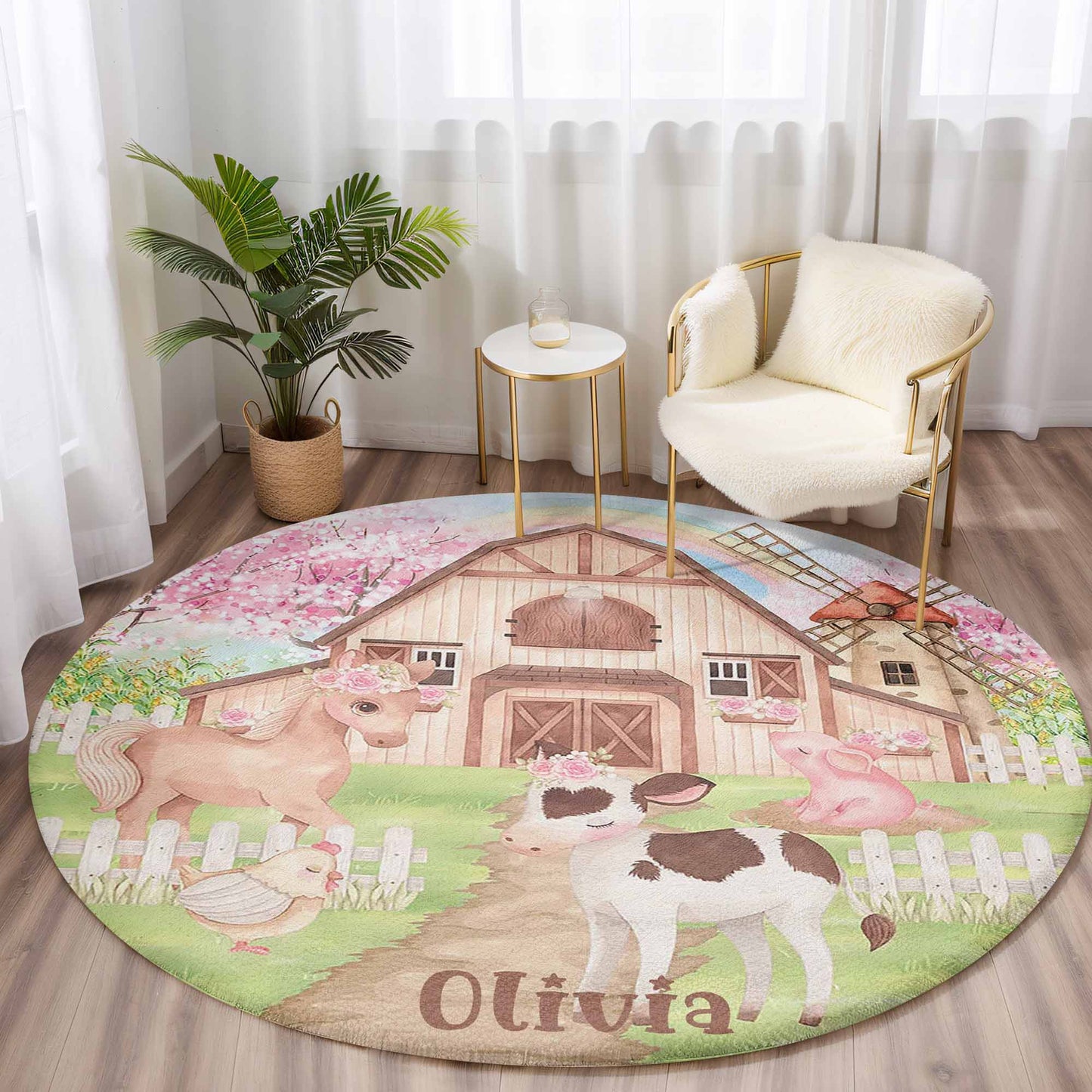 Farm Animals Floral Round Rug