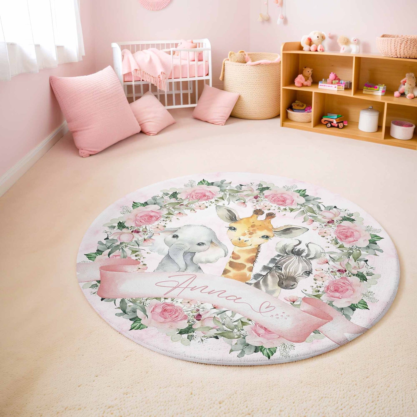 Safari Animals Rose Floral Round Rug