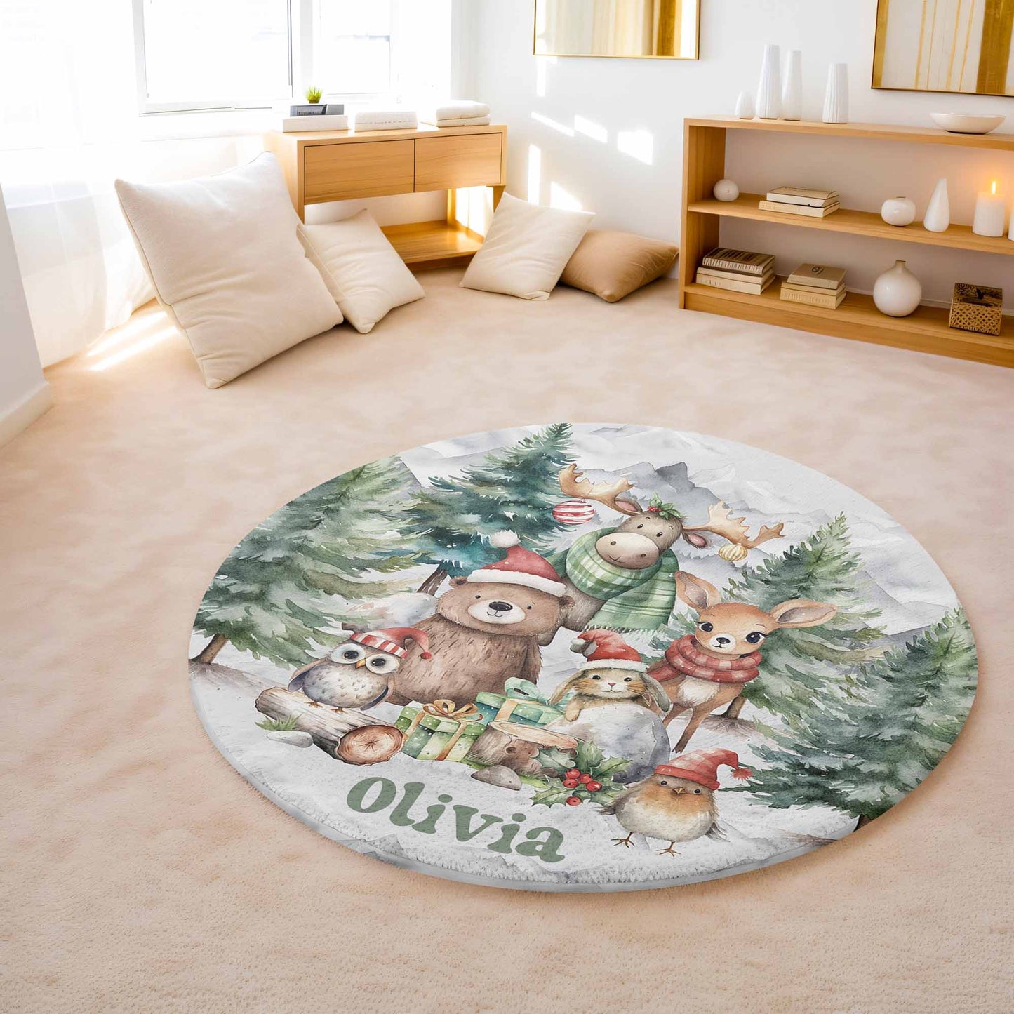 Christmas Woodland Animals Round Rug