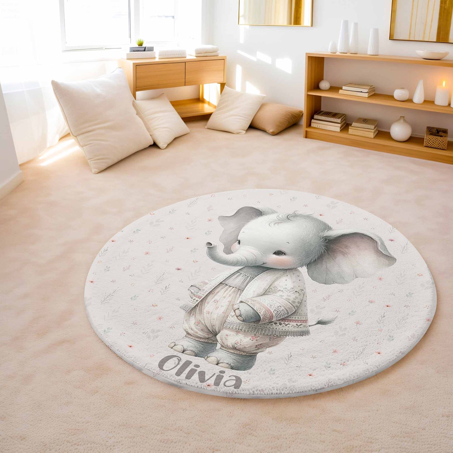 Spring Floral Elephant Round Rug