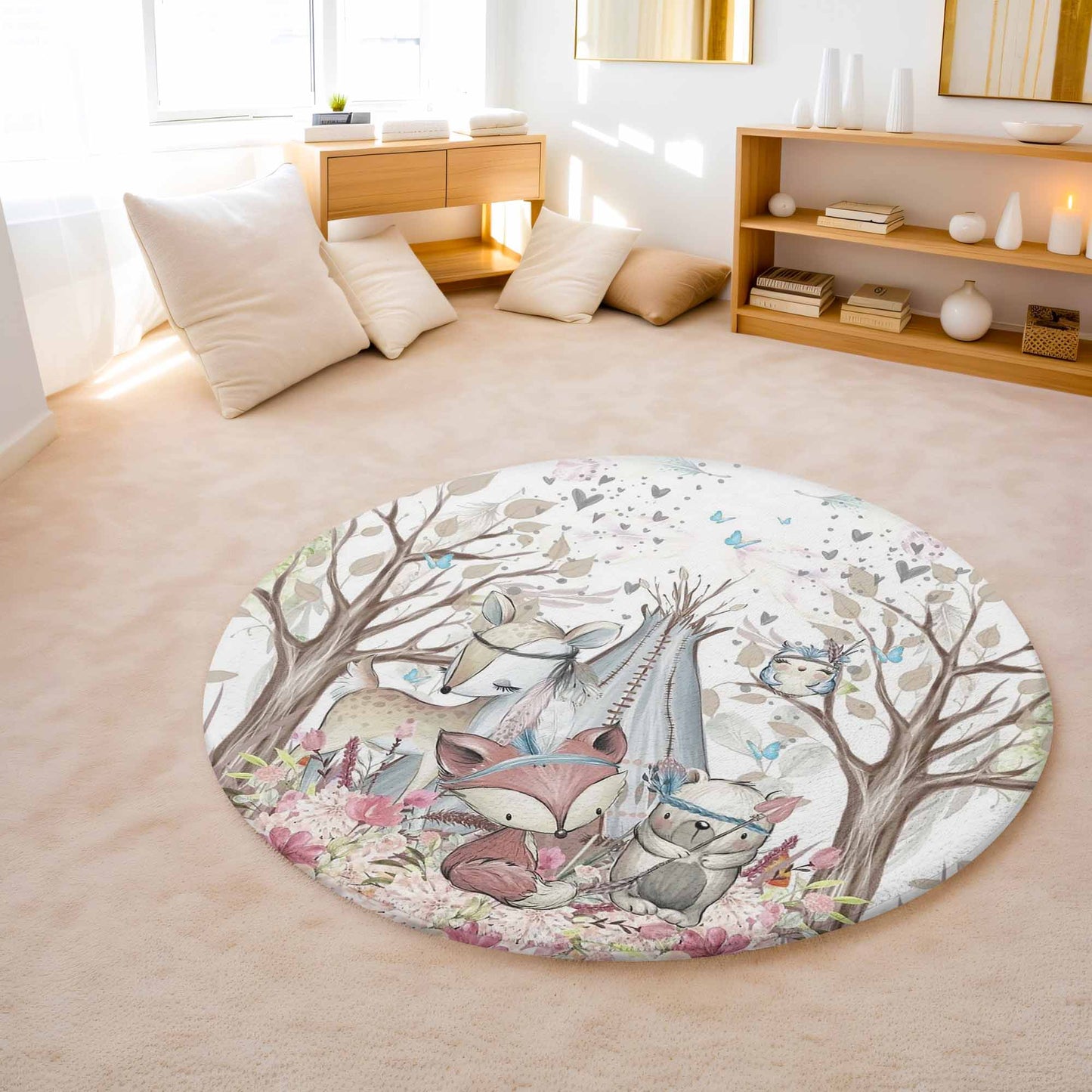 Boho Woodland Animals Round Rug