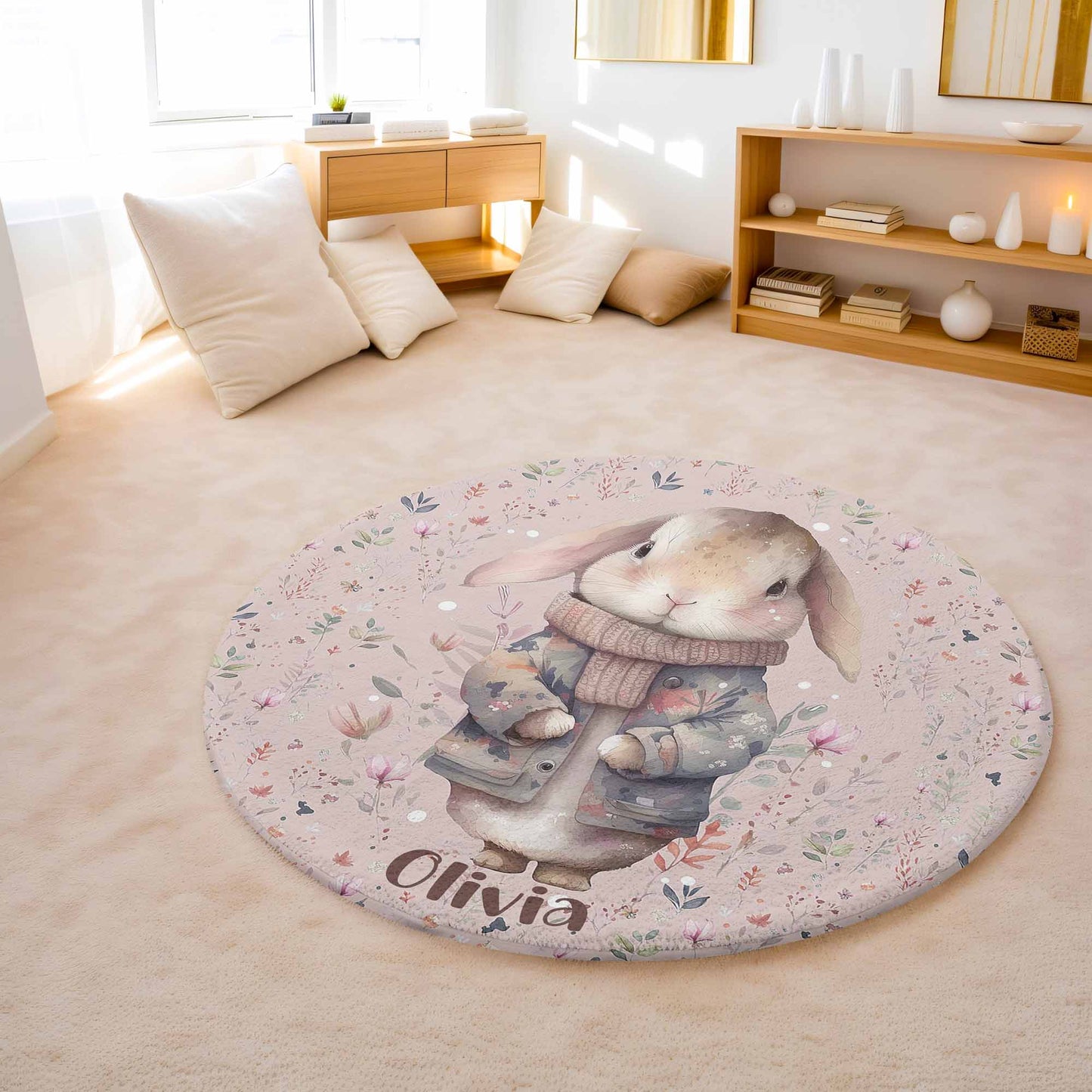 Floral Bunny Round Rug