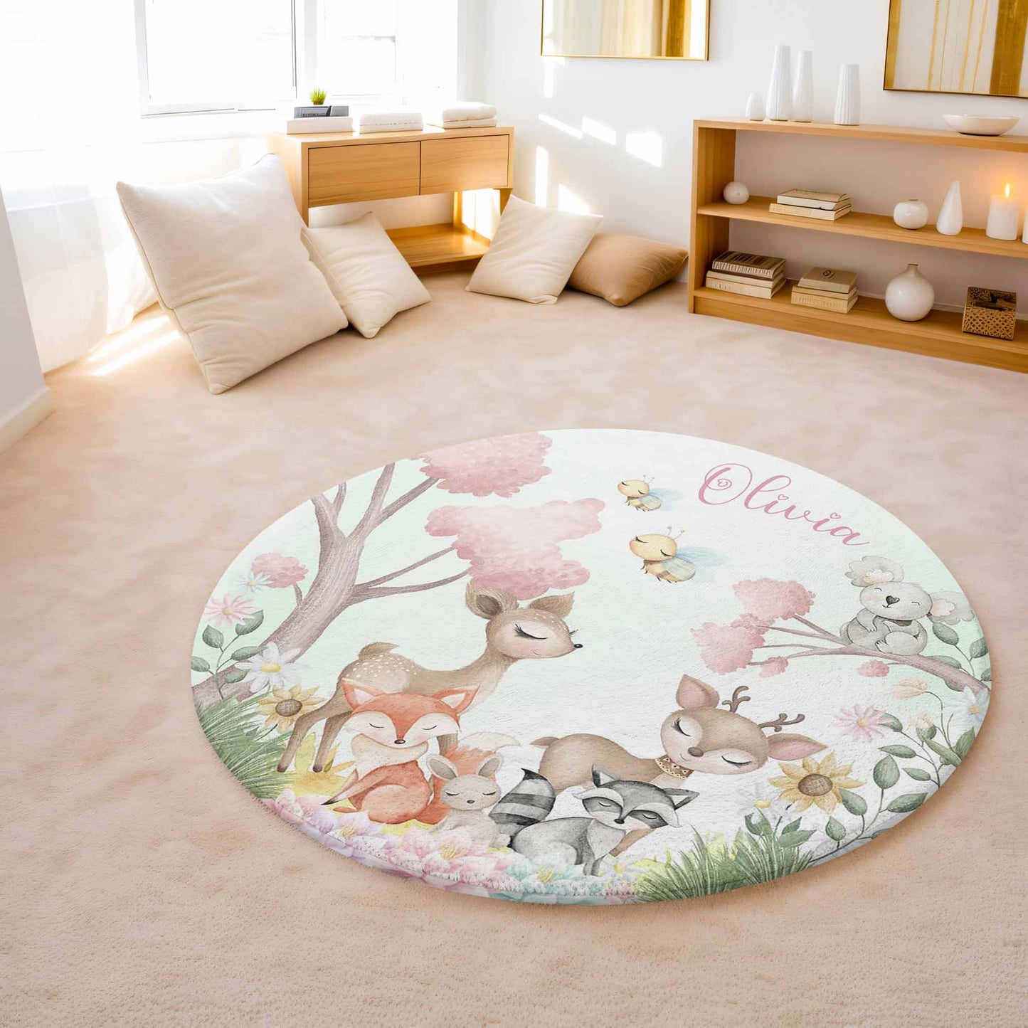 Woodland Animals Floral Round Rug