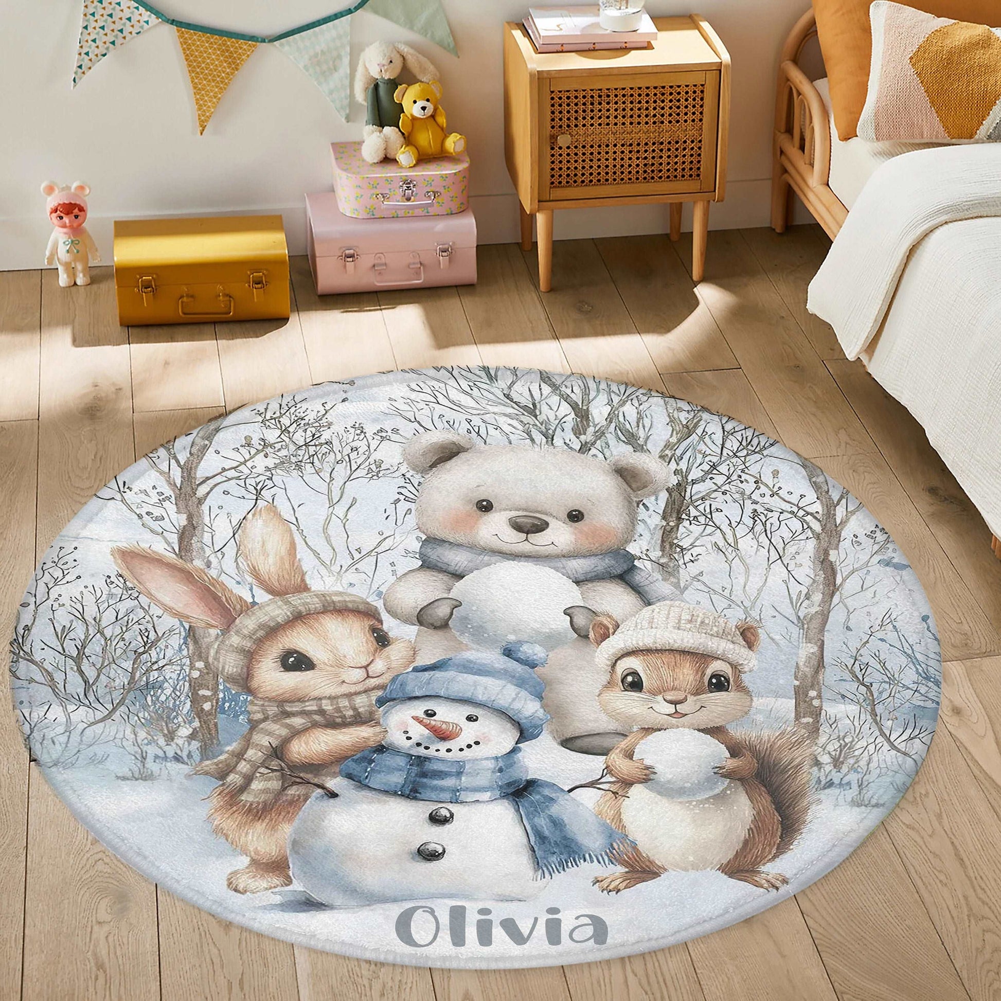 Winter Woodland Animals Round Rug