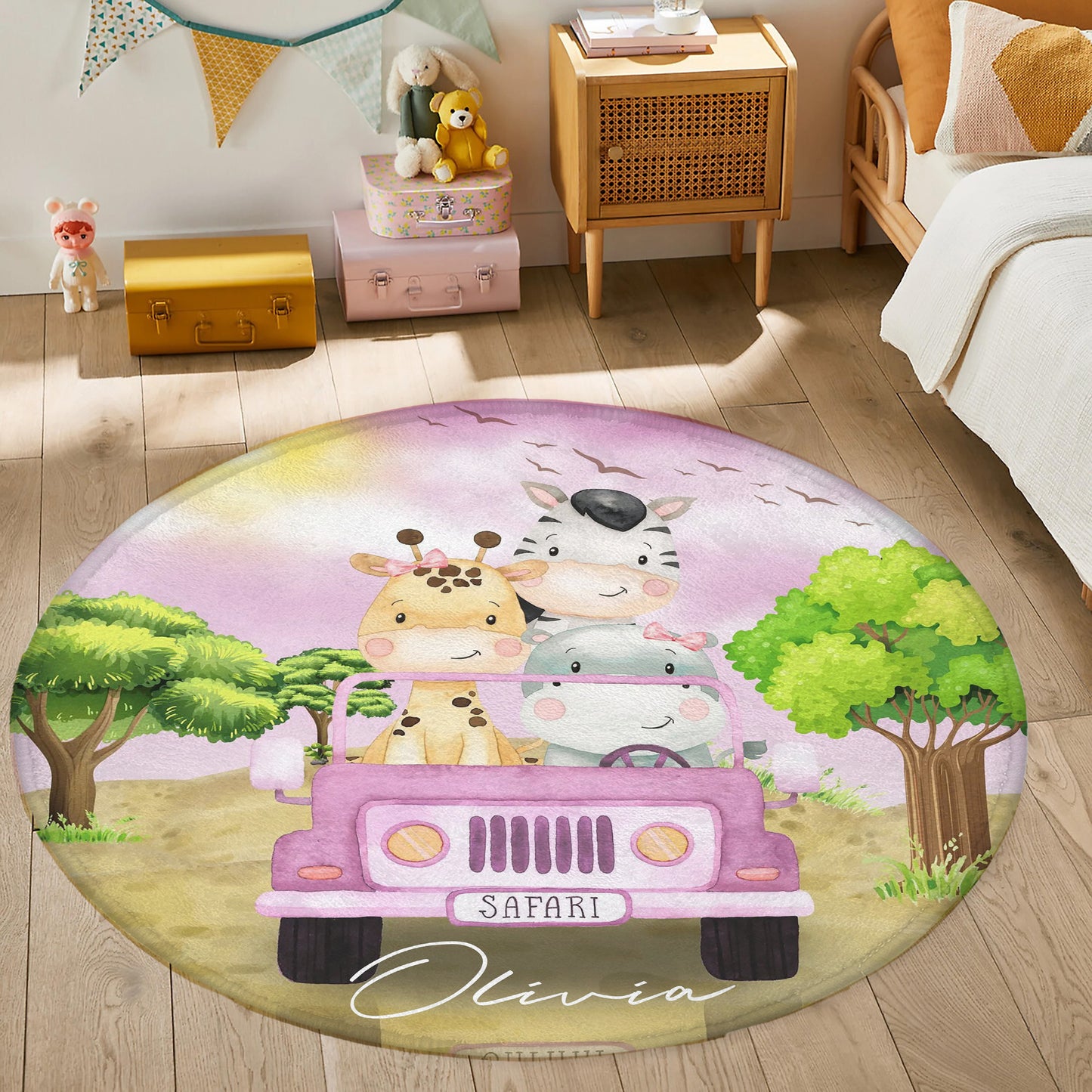 Safari Animals In Car Round Rug