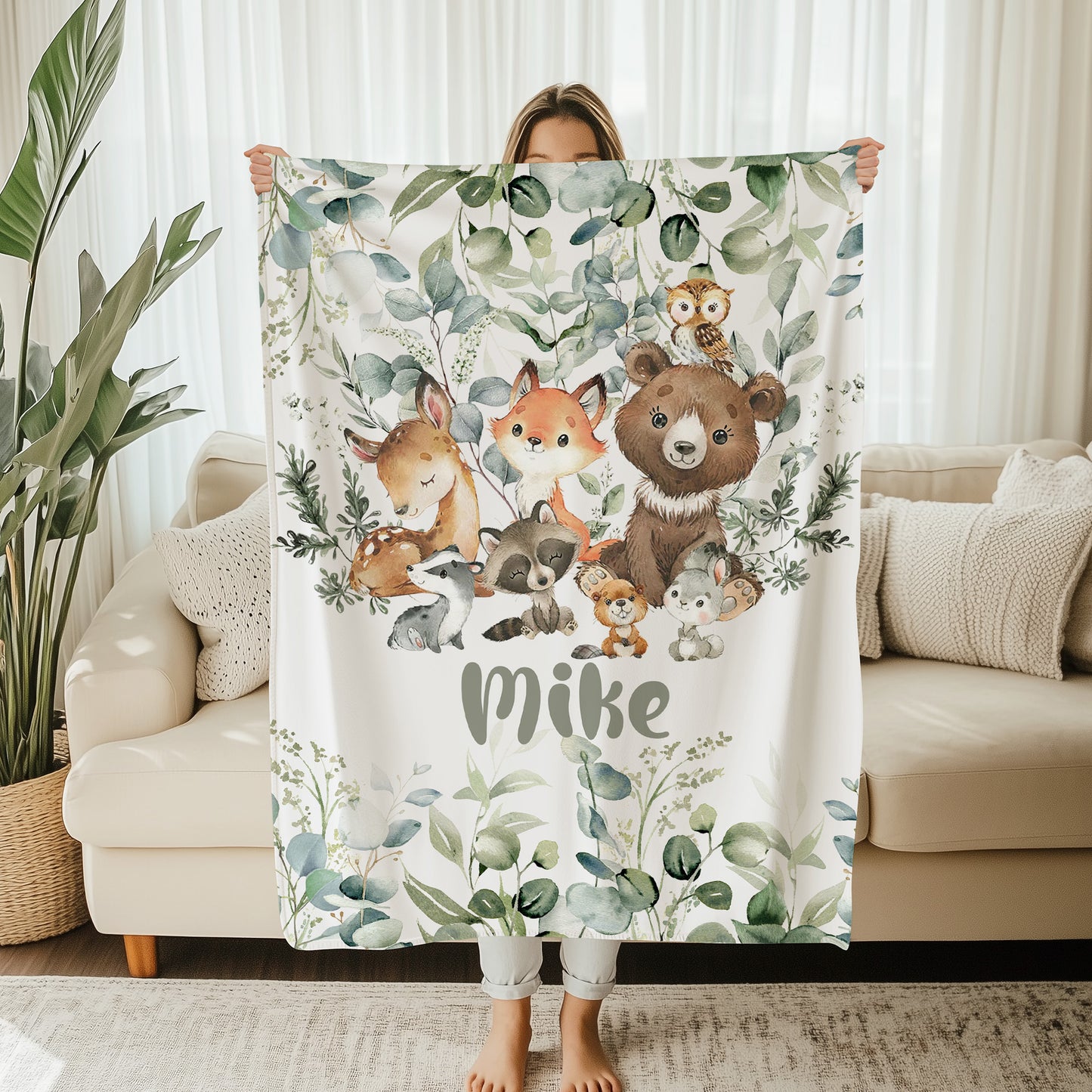 Woodland Animals Green Leaves Blanket