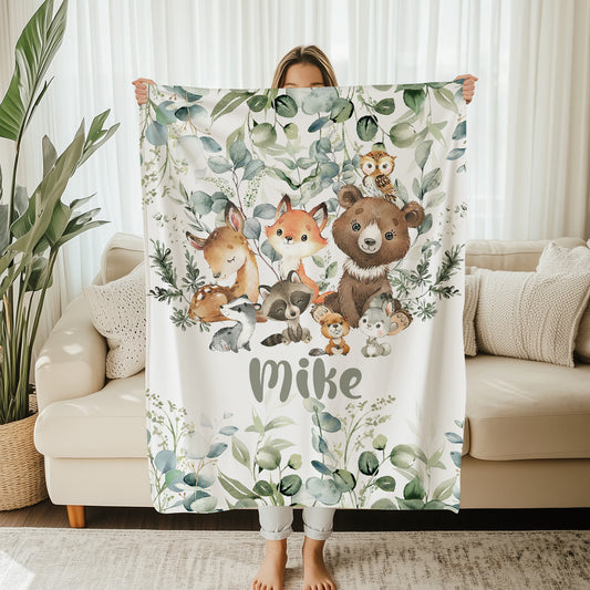 Woodland Animals Green Leaves Blanket