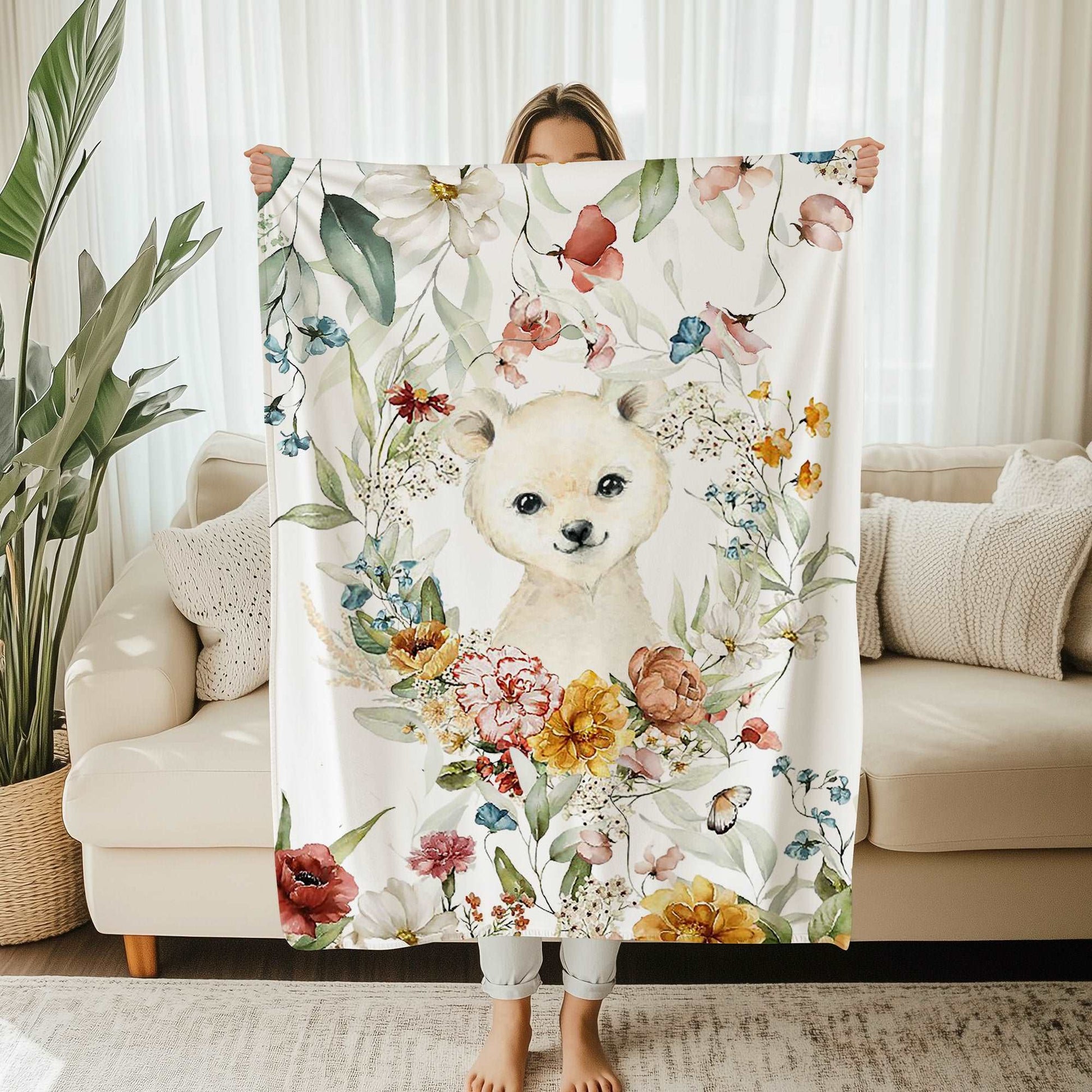 Floral Polar Bear Blanket