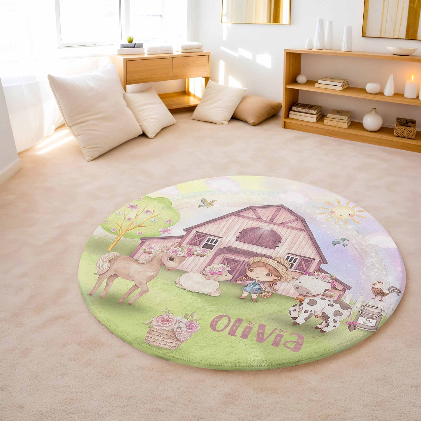Farm Animals Girl Round Rug