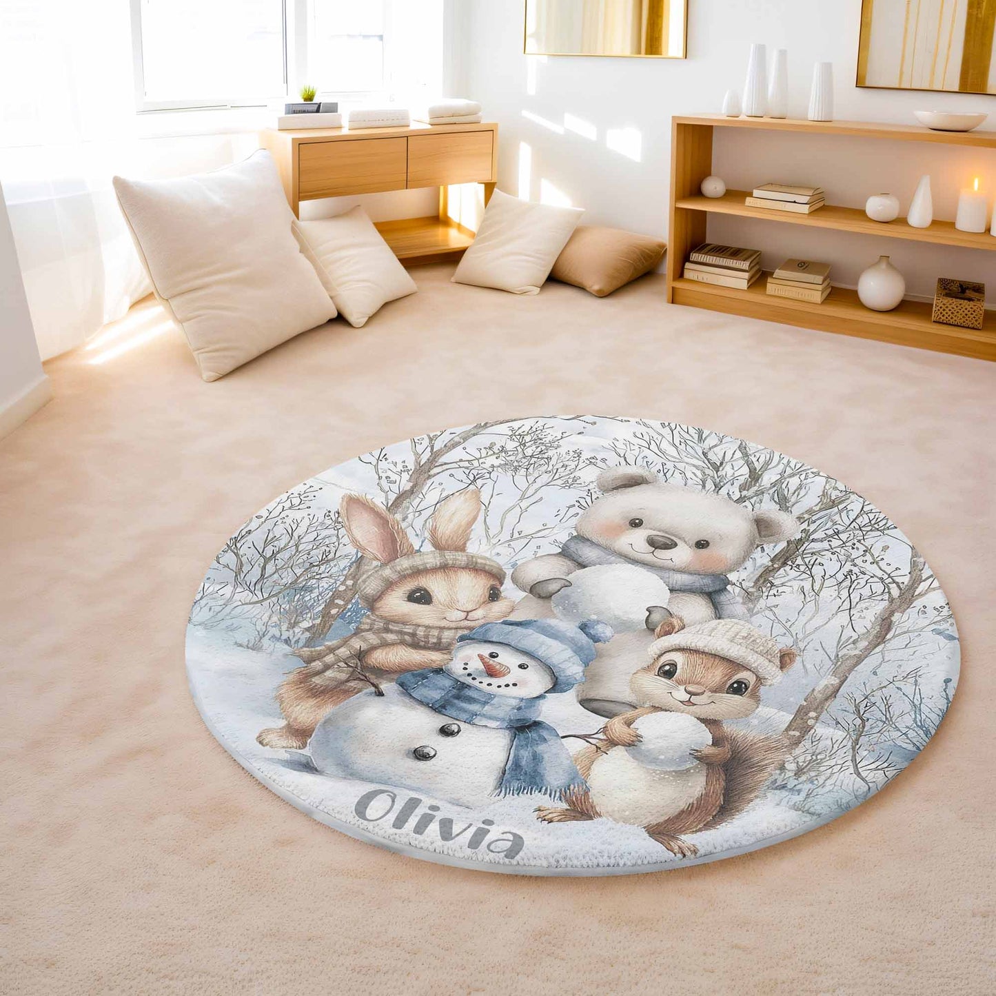 Winter Woodland Animals Round Rug