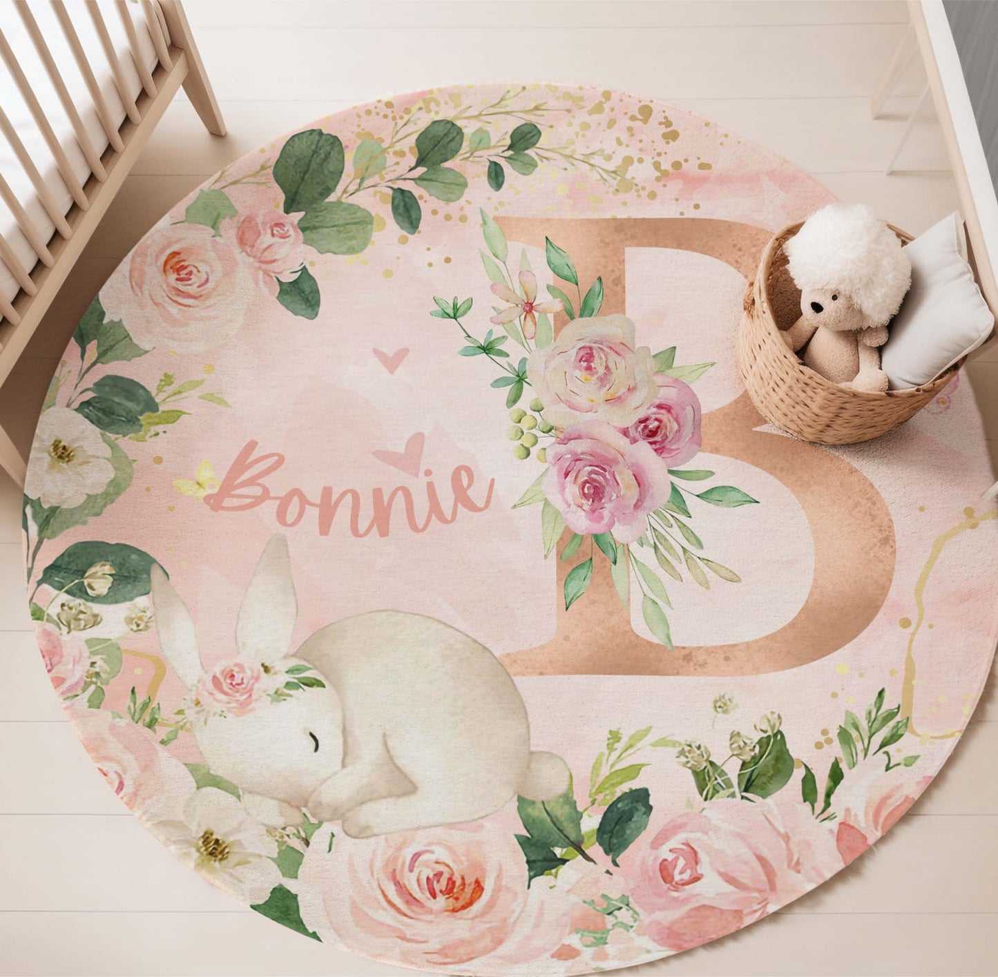 Baby Bunny Rose Floral Alphabet Round Rug