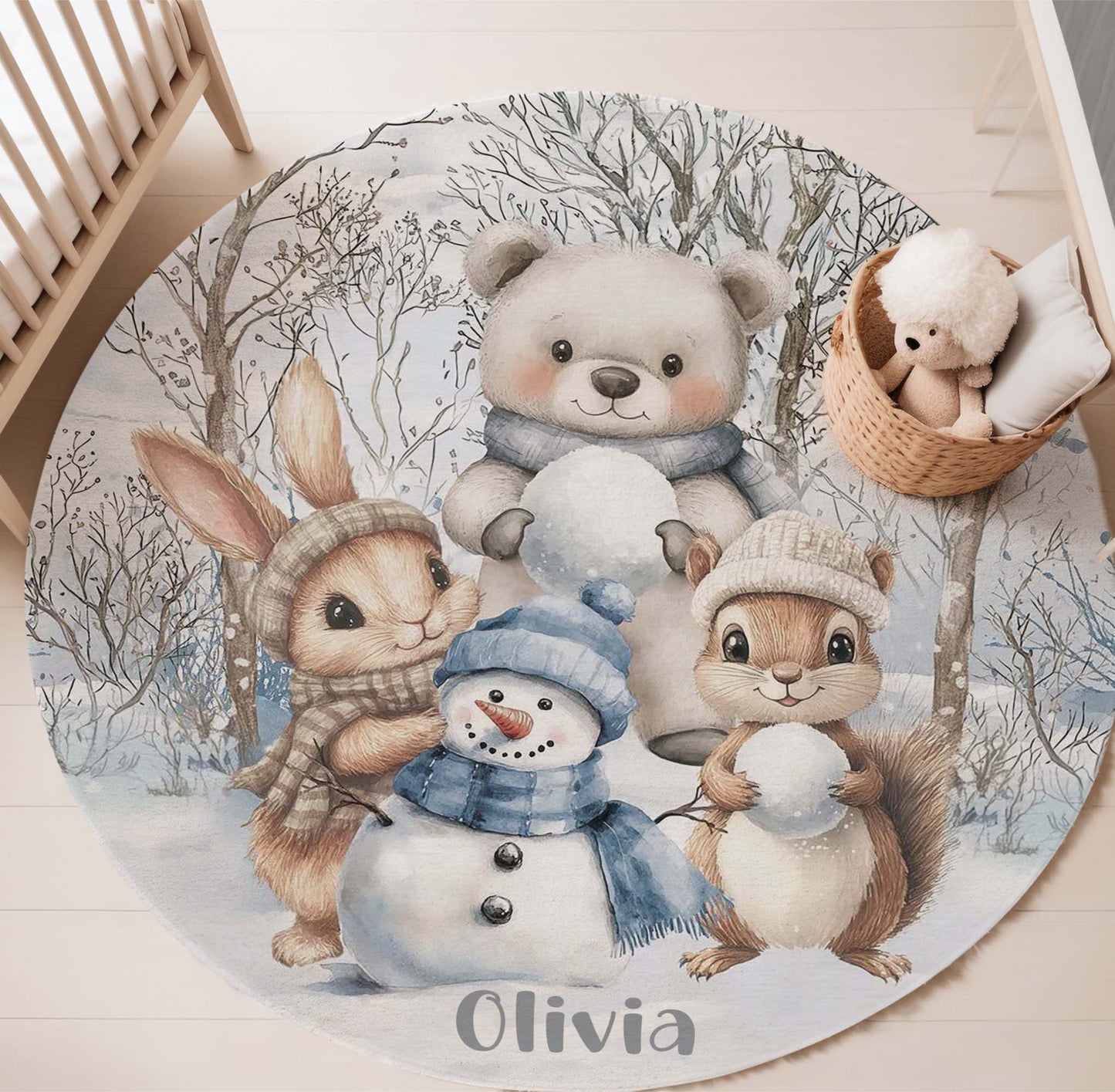 Winter Woodland Animals Round Rug