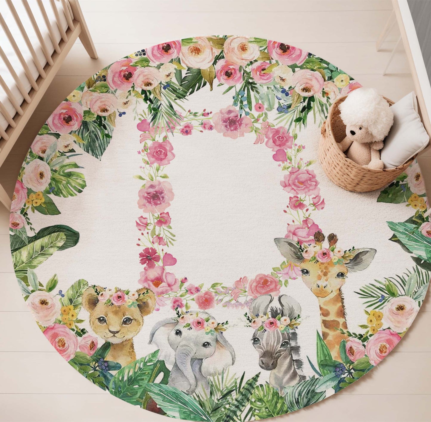 Safari Animals Floral Alphabet Round Rug