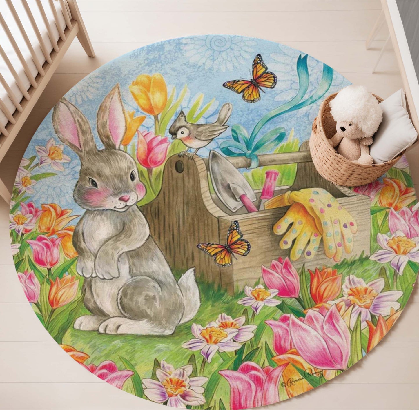 Spring Floral Bunny Round Rug