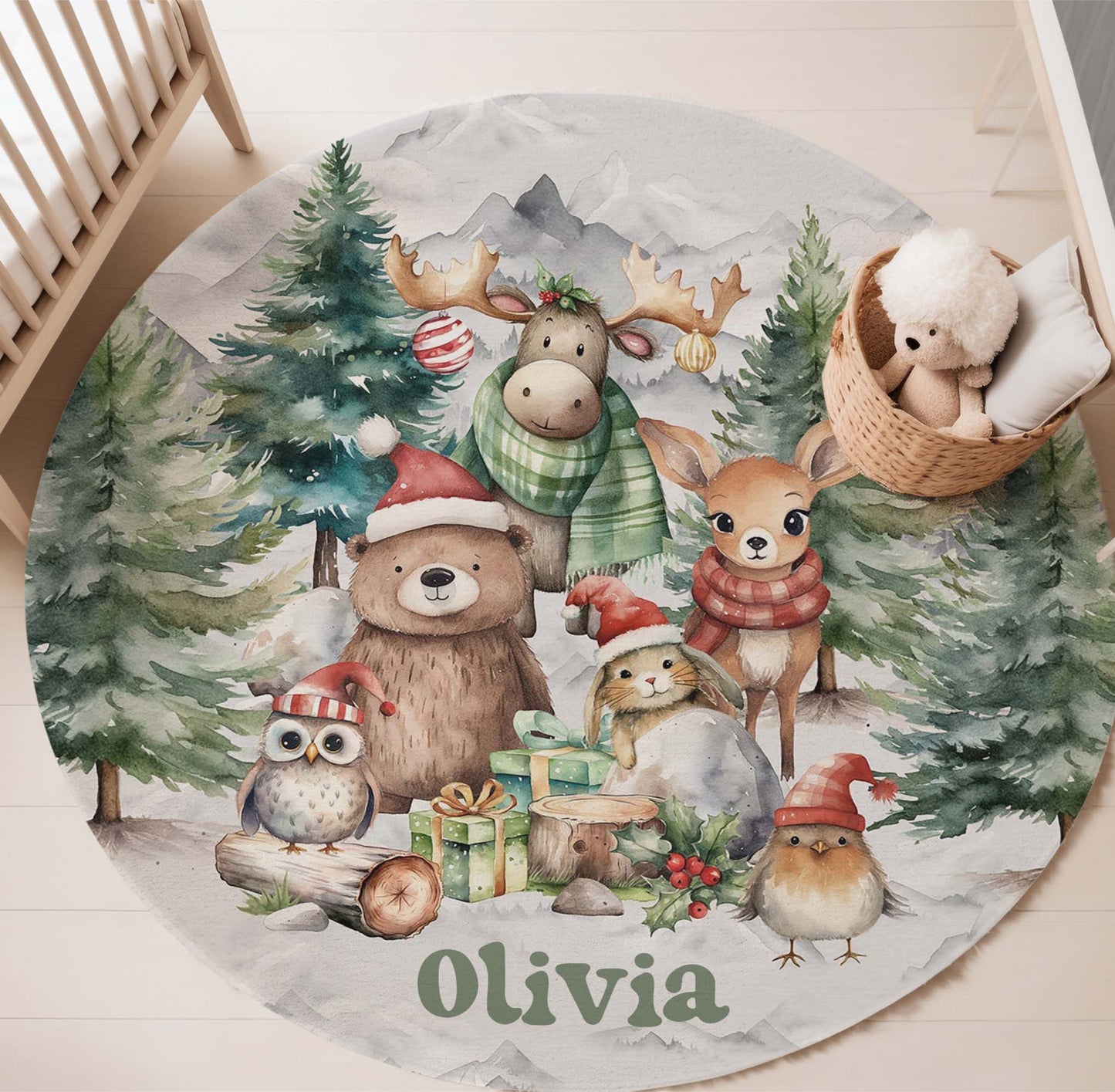 Christmas Woodland Animals Round Rug