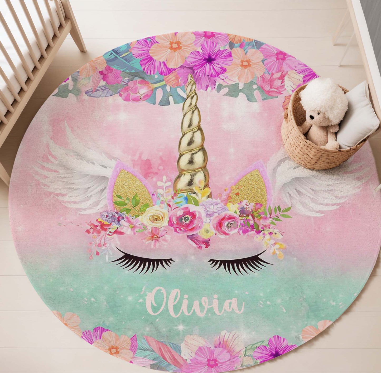 Floral Unicorn Face Round Rug